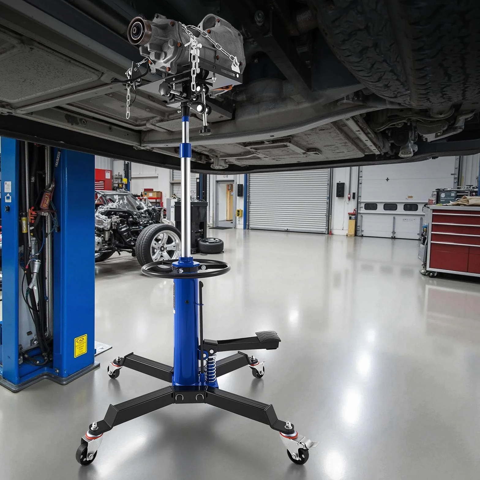 VEVOR Gato Hidráulico de Transmisión para Taller, con Capacidad de Elevación de 750 kg, con Pedal y Rueda Giratoria de 360°, Altura de Elevación de 88-176 cm, para Taller/Garaje, Azul y Negro