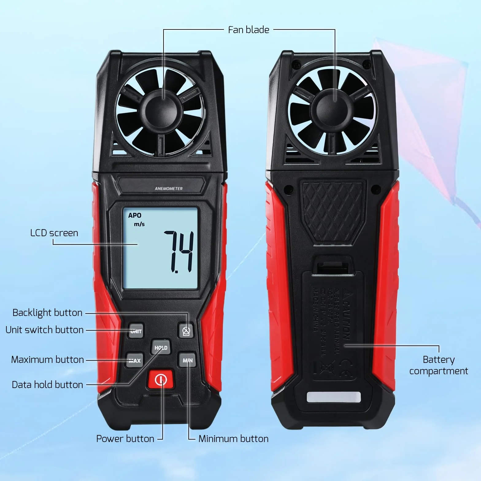 Anemómetro Digital Medidor de Velocidad del Viento 0.3-30 m/s Temperatura Pantalla Retroiluminada Max/Min