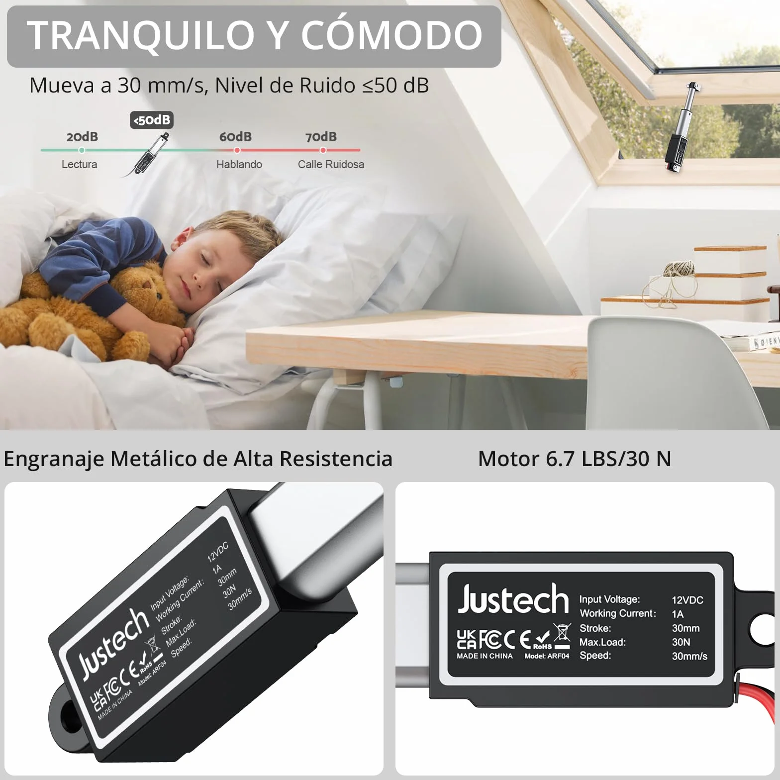 Justech Actuador Lineal 30mm 12V 30N Aleación de Aluminio