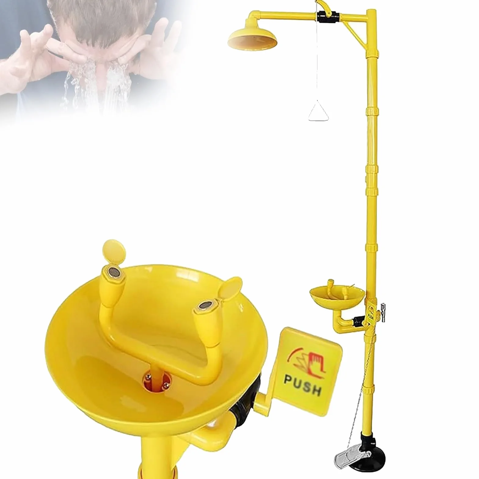 Estación de lavado de ojos de emergencia, ducha de seguridad con pedal con kit combinado, construcción de acero inoxidable, incluye señal de emergencia