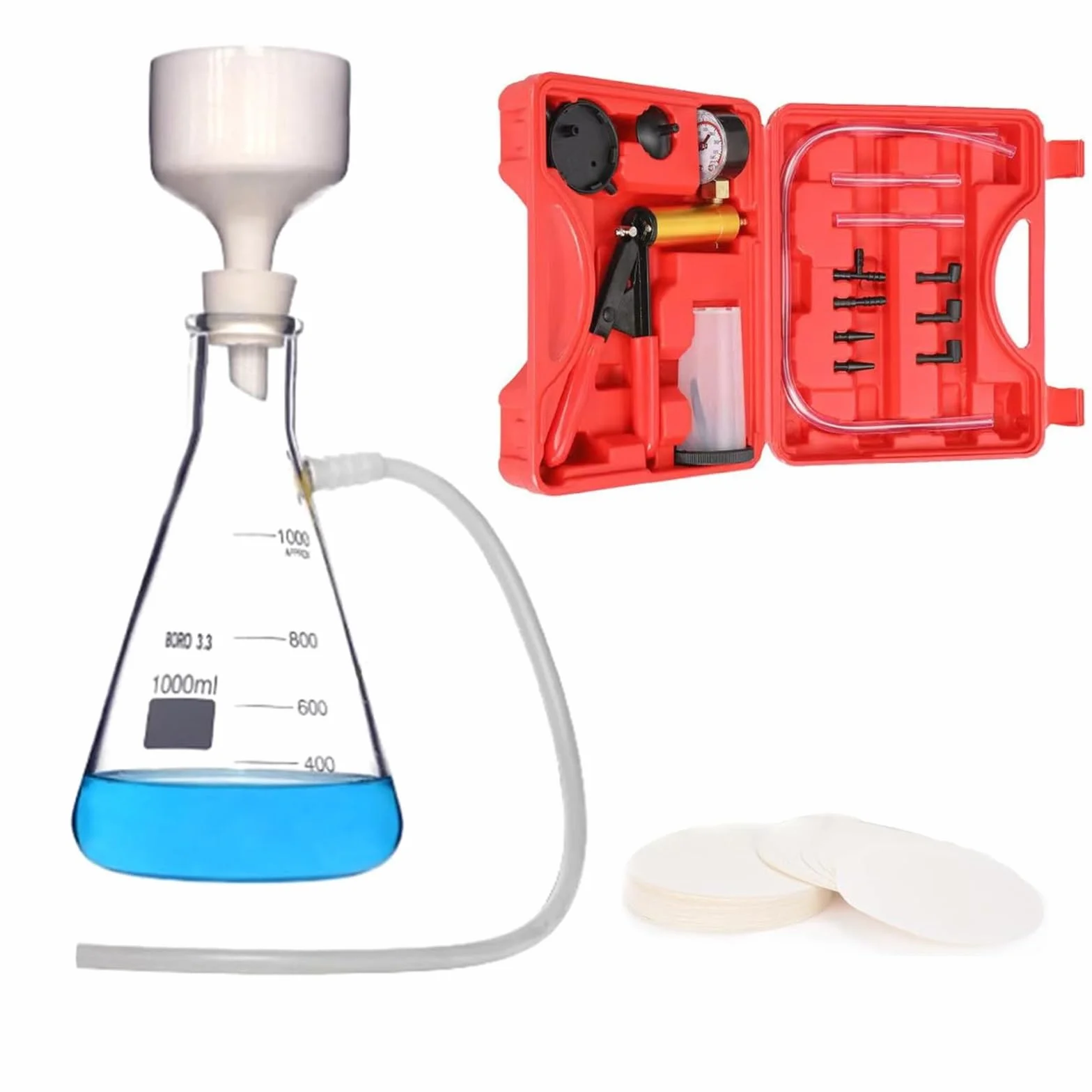 Kit de filtración al vacío resistente y asequible: bomba y botella de filtro de metal, embudo Büchner de porcelana. Juego completo for laboratorio general.(1000ML)