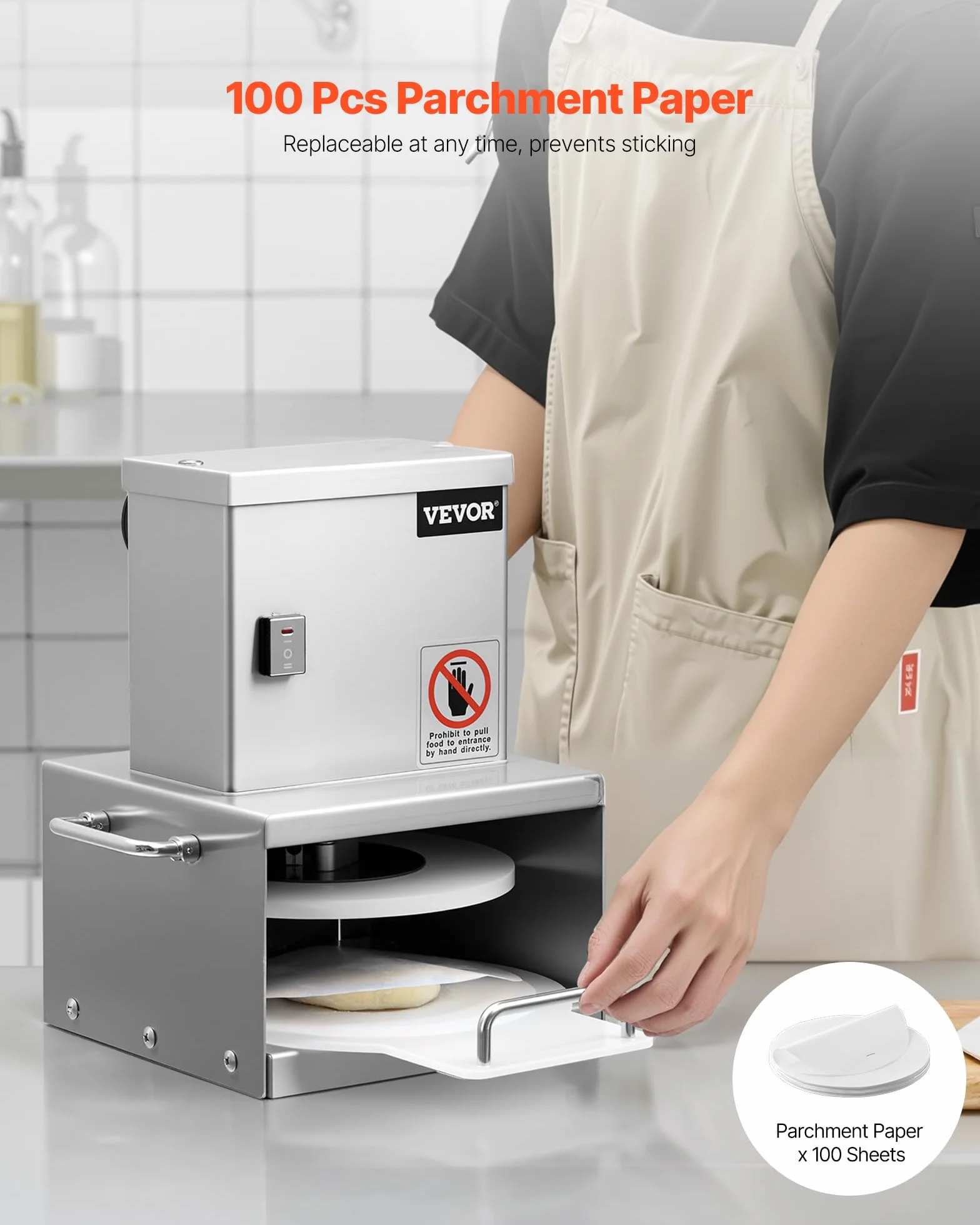 VEVOR Prensa Eléctrica para Masa de Pizza, Placa de Prensado 15 cm, Máquina de Pan de Acero Inoxidable, Espesor Ajustable, con 100 Hojas de Papel Pergamino, 240 x 250 x 330 mm, Fácil de Usar