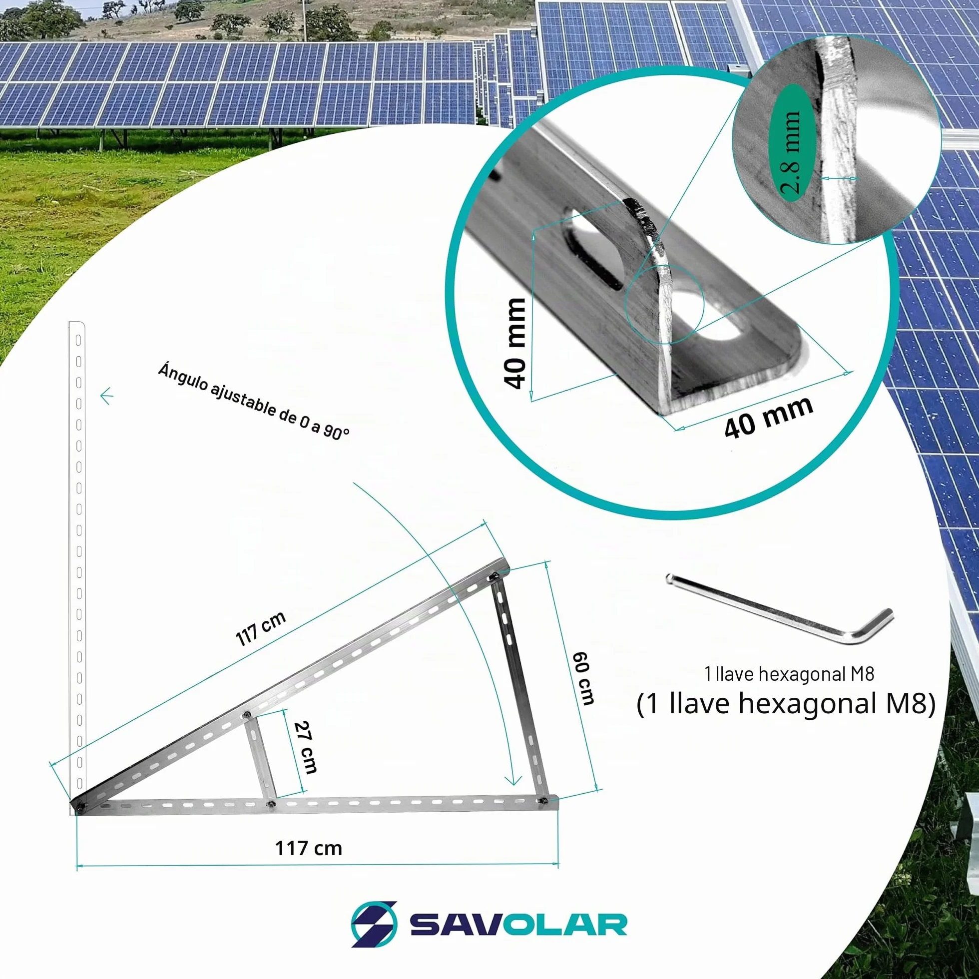 Soporte para módulo solar, 2 unidades, aluminio y acero inoxidable, montaje en pared, para plantas de balcones de hasta 117 cm, ángulo ajustable 0-90°, compatible con módulos solares de 100