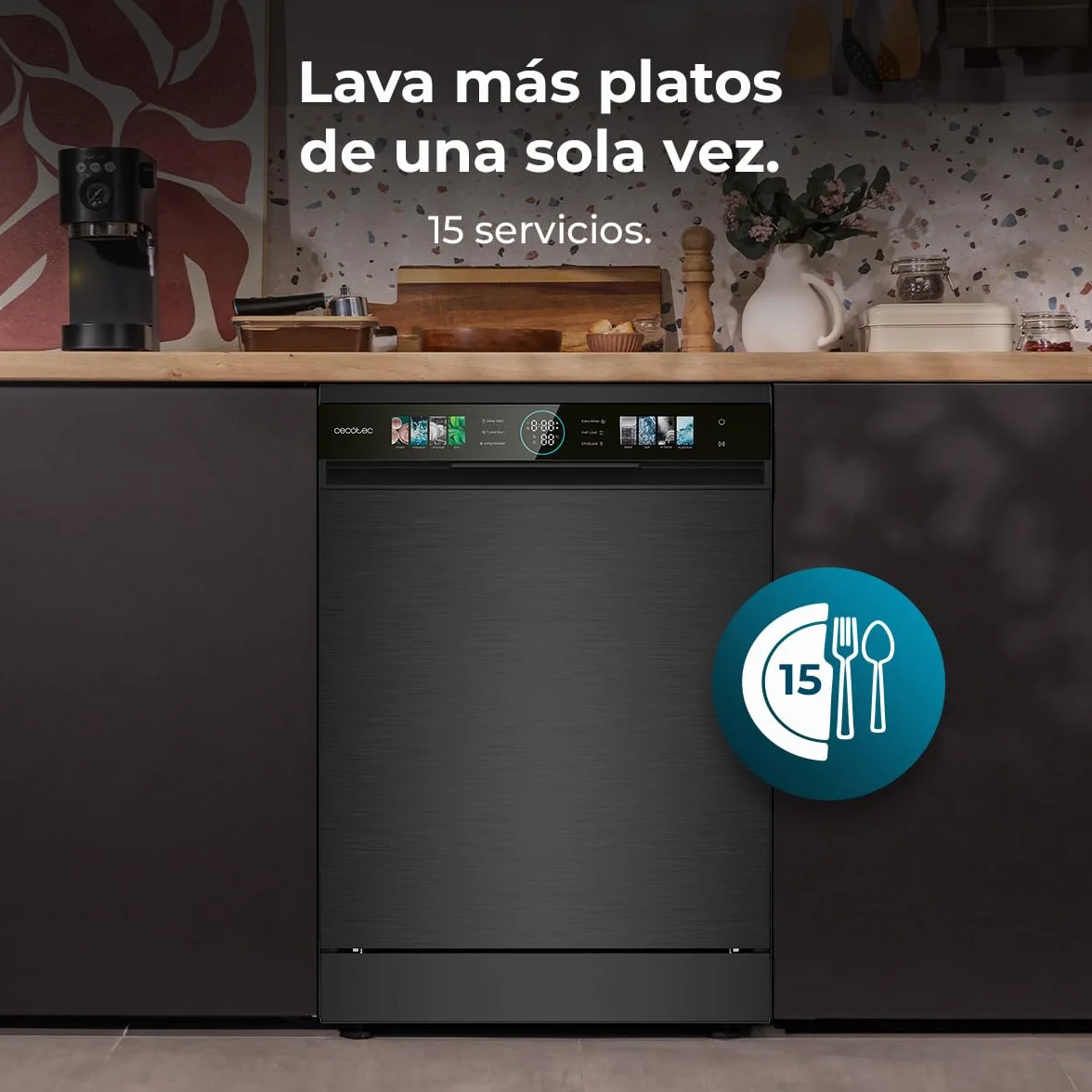 Cecotec Lavavajillas Compacto 60 cm Bolero Aguazero 6320 Inox D, 1900W, 15 Cubiertos, 8 Programas