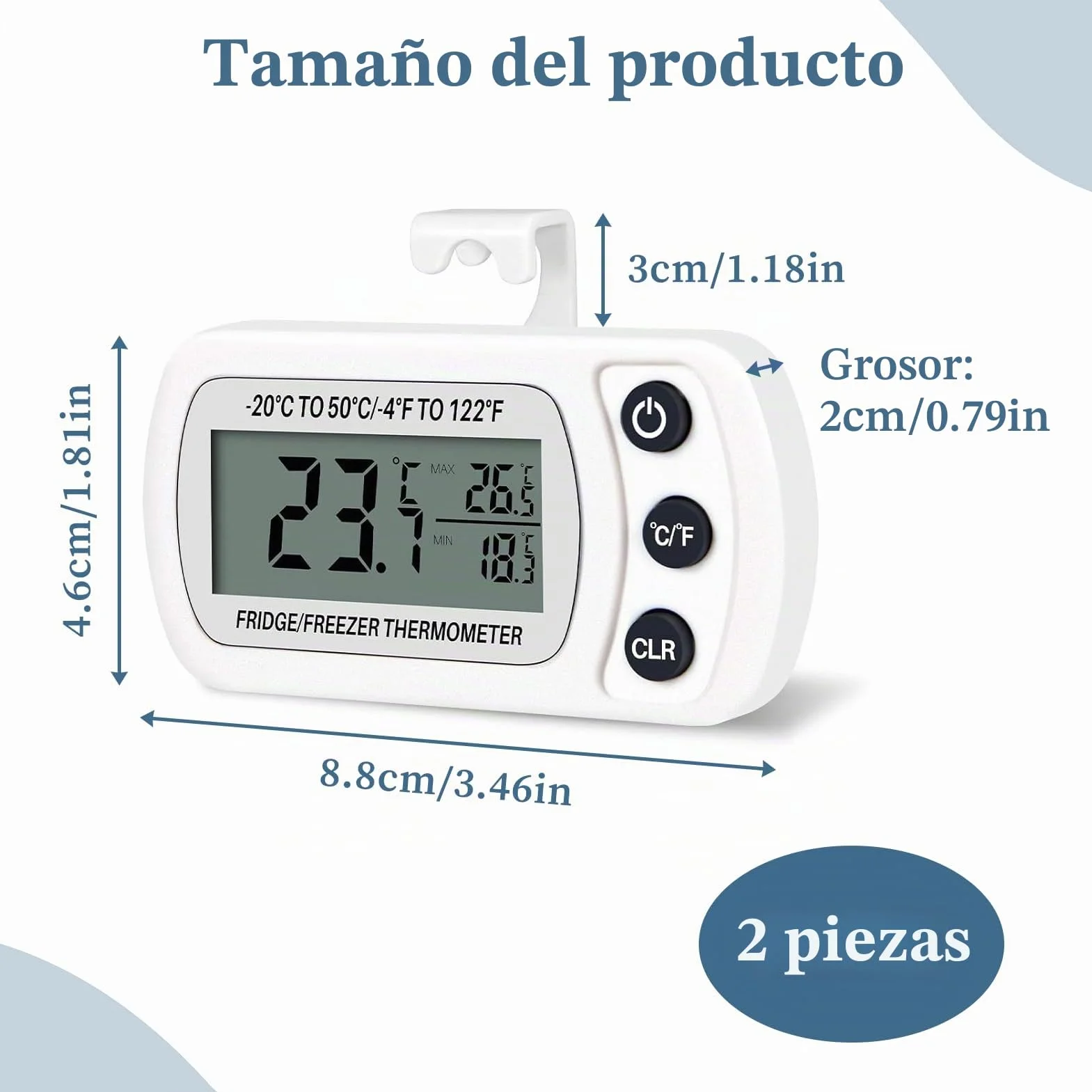 Termómetro Frigorífico Digital para Nevera y Congelador, Pantalla LCD Grande Impermeable, Memoria Máx/Mín, 2 Piezas