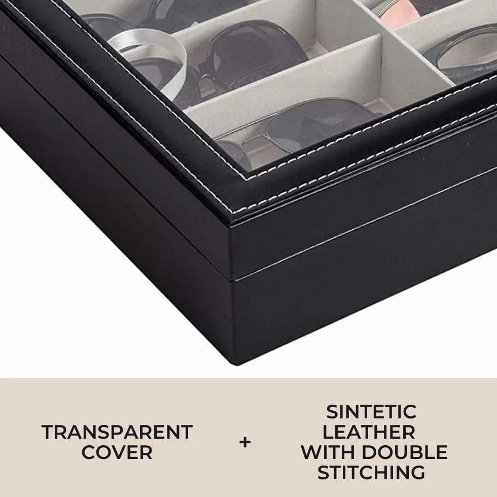 MAGIC SELECT Caja para Gafas con 8-12-18 Compartimentos, Estuche con Tapa de Cristal Transparente, Cierre con Llave, Cajón y Forro Interior, Polipiel