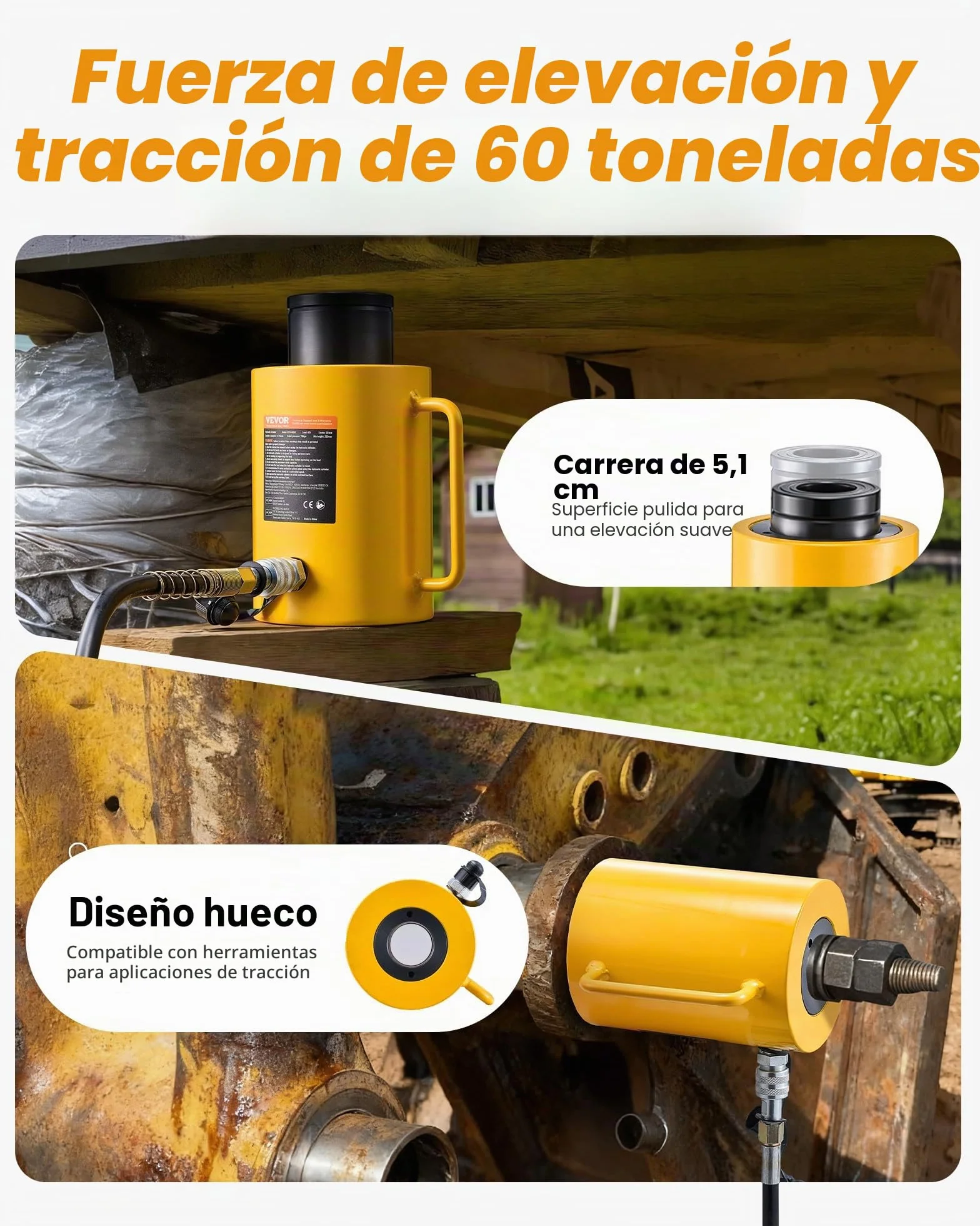 VEVOR Gato Hidráulico Carretilla Capacidad de 60 t, Gato Hidráulico para Coche, Carrera del Pistón de 50 mm, Altura Total de 230 más 12 mm, para Coche, Furgoneta, Barco, Camión, Caravana
