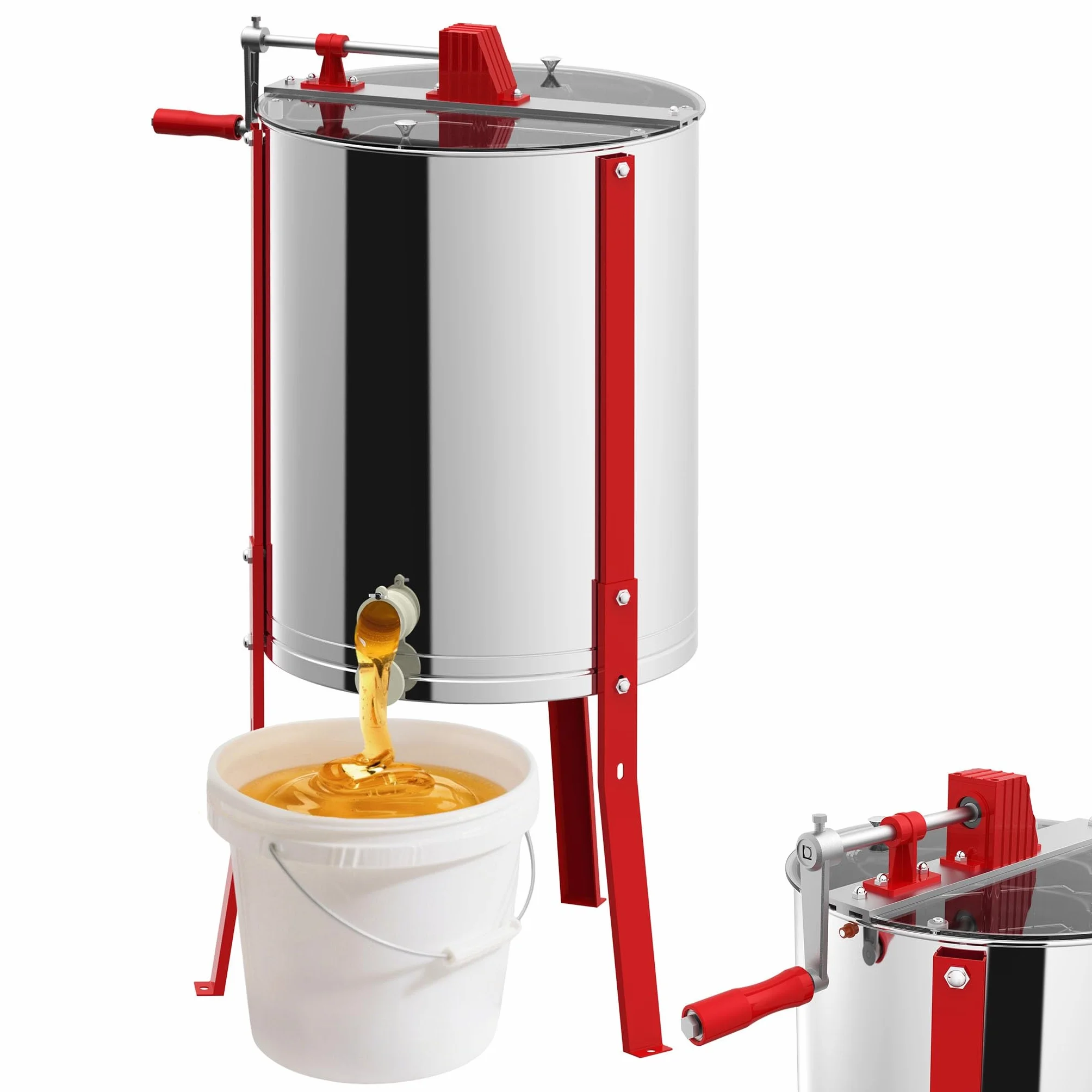 FIVMEN Extractor de miel manual de 4 panales de acero inoxidable, extractor de miel con alimentación tangencial con tapa, accionamiento manual y patas ajustables, accesorios universales para