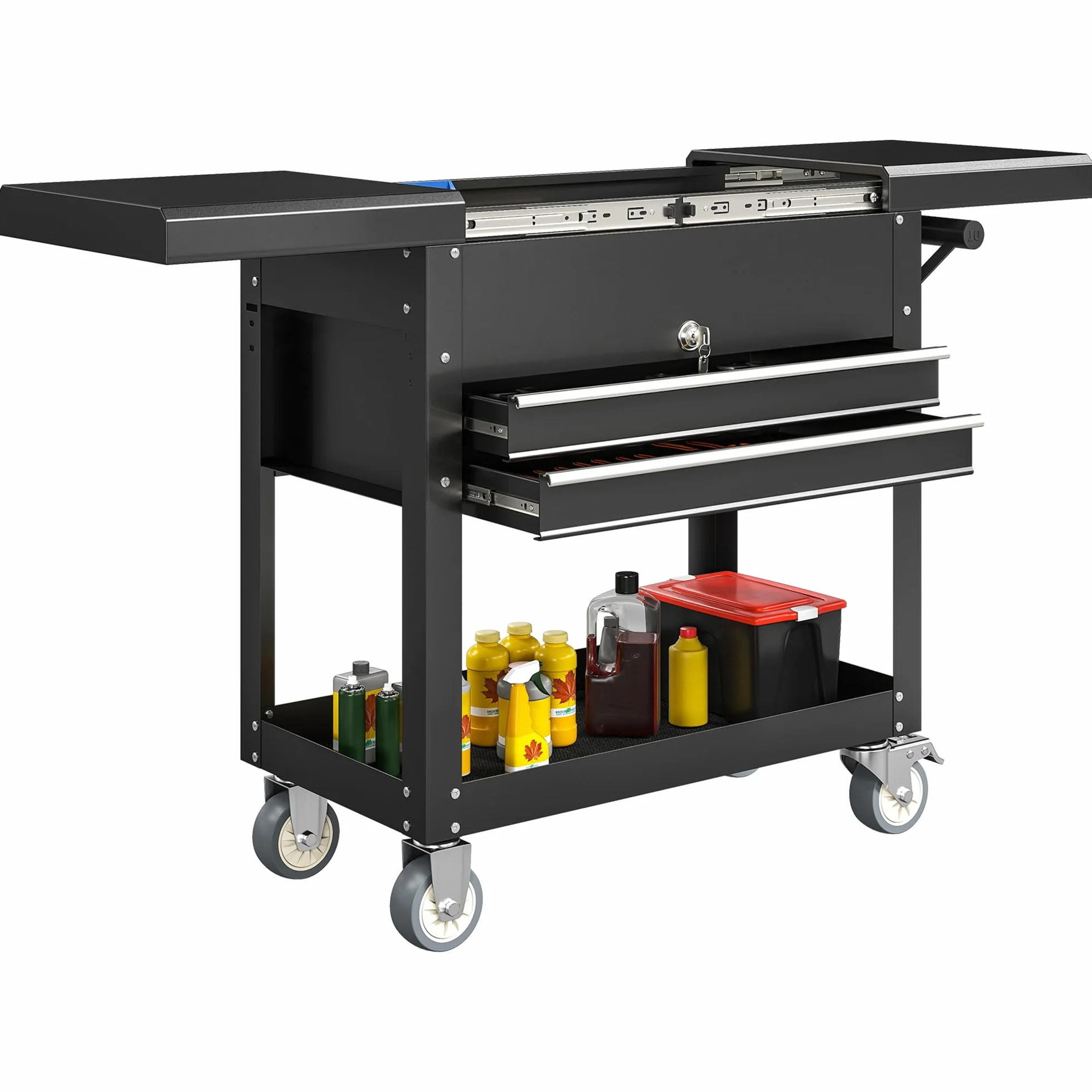 HOMCOM Carro de Herramientas con Ruedas, Carro de Taller Móvil con Tapa Deslizante, 2 Cajones con Cerradura, Bandeja, Caja de Herramientas de Acero, para Taller, Garaje, Negro
