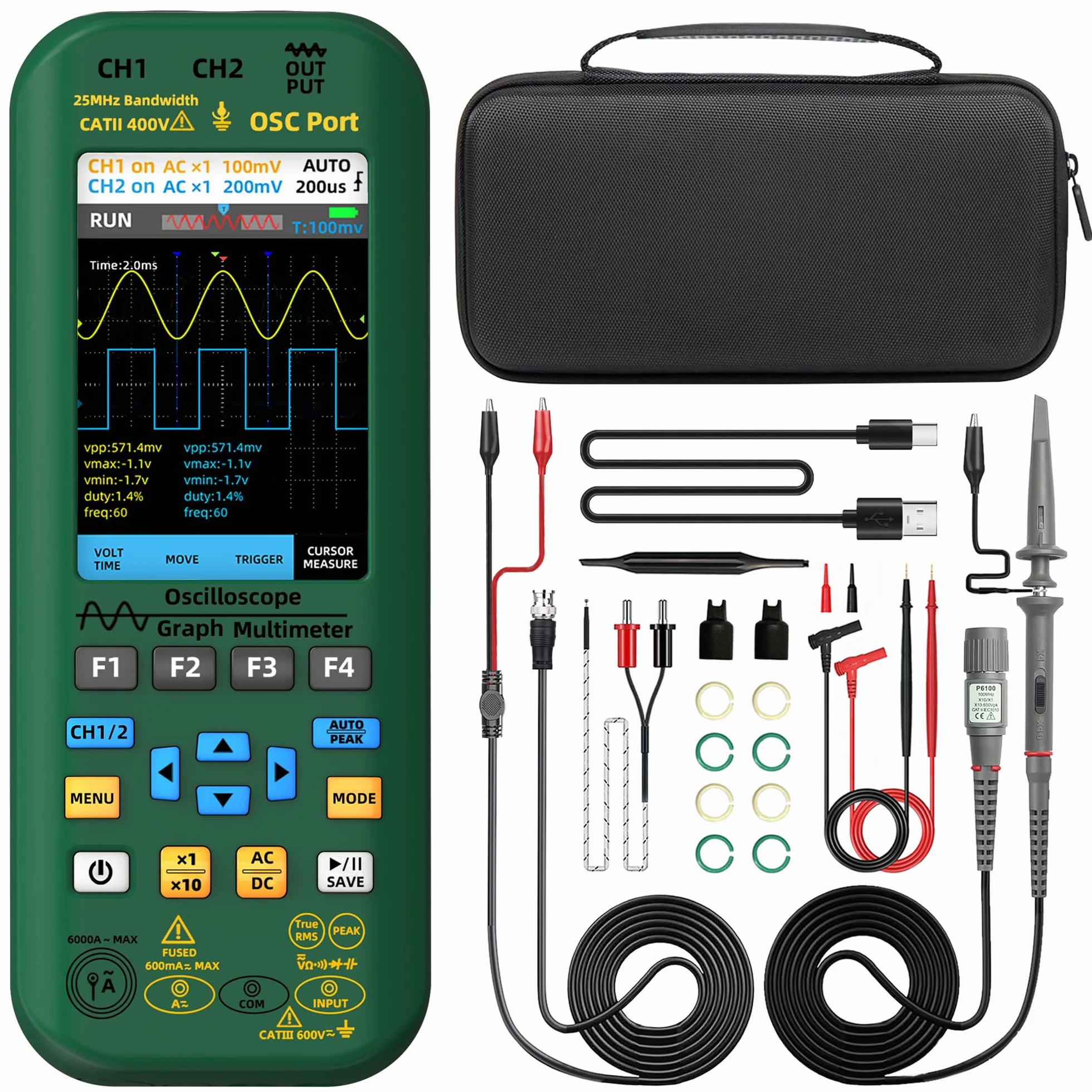 BSIDE O7 Osciloscopio Automotriz Portátil 2 Canales 25MHz 208MSa/s con 3.9 pulgadas Pantalla de Vista Completa Generador de Señal Multímetro Recargable Mide 6000A Corriente Voltaje Capacidad Diodo