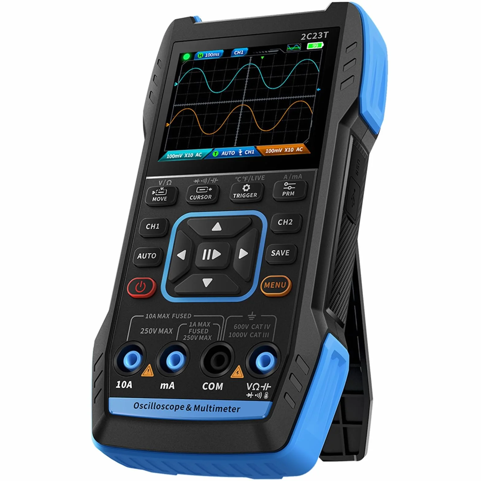 DEWIN Osciloscopio 2C23T,Osciloscopio Digital Osciloscopio Portatil/Multímetro/Generador de Señales dds 3 en 1,2 canales 10MHz Ancho de banda 50MSa/s Frecuencia de muestreo 9999 recuentos