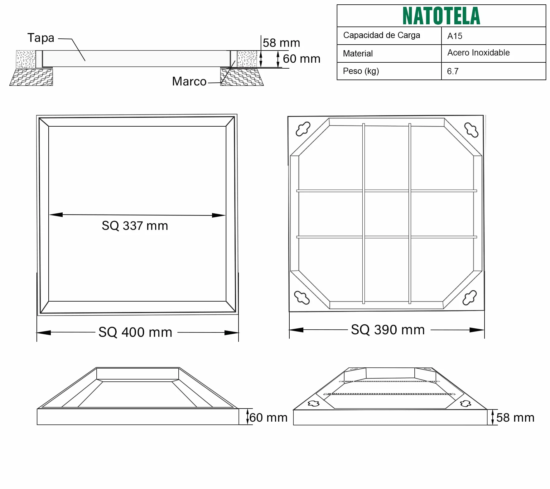 Tapa de alcantarilla con marco, 400 x 400 mm, acero inoxidable A15, tapa de alcantarilla, para interior y exterior, cuadrada