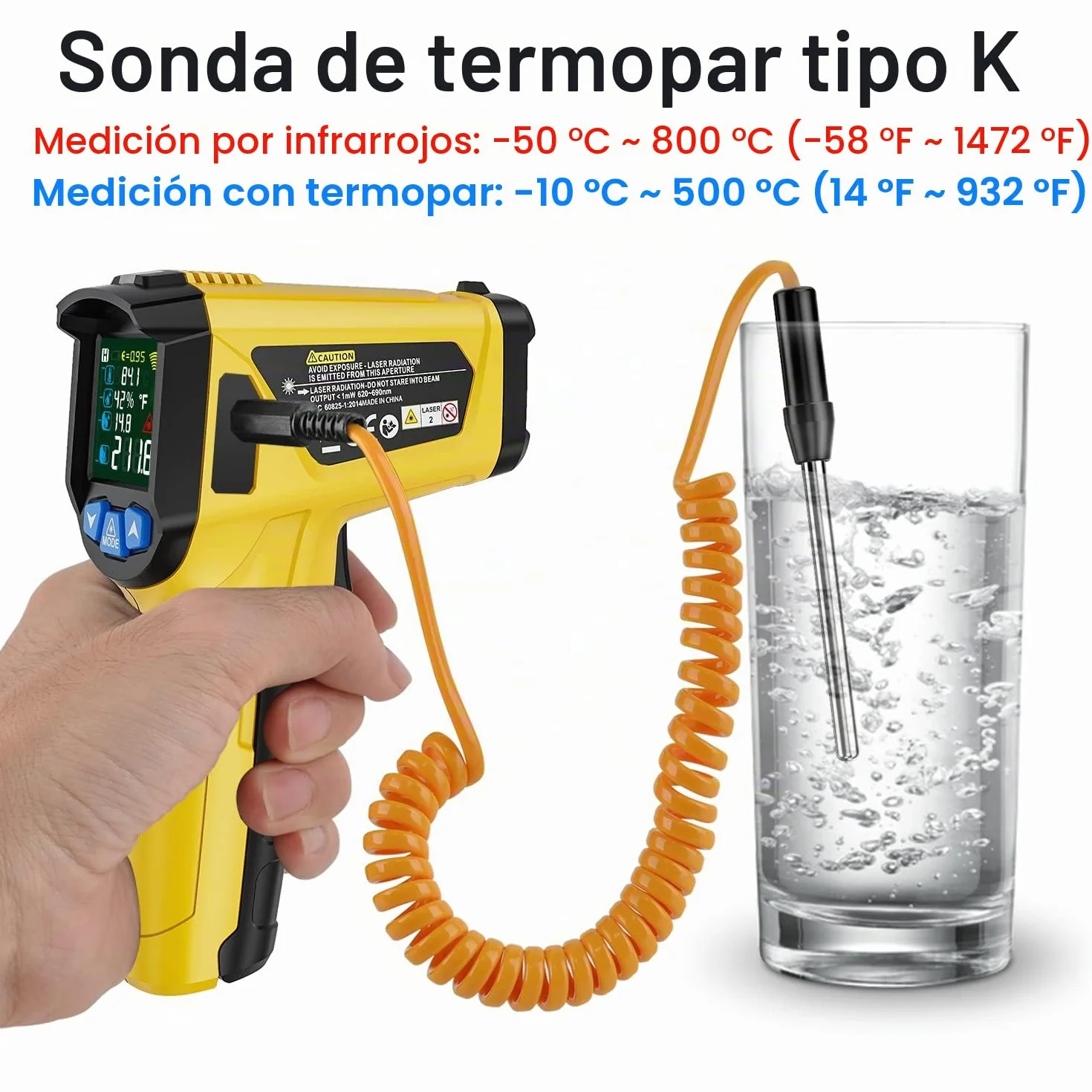 Termómetro Infrarrojo MESTEK -50°C~800°C Pistola Temperatura Laser Sin Contacto Pantalla LCD Color Ajuste Emisividad