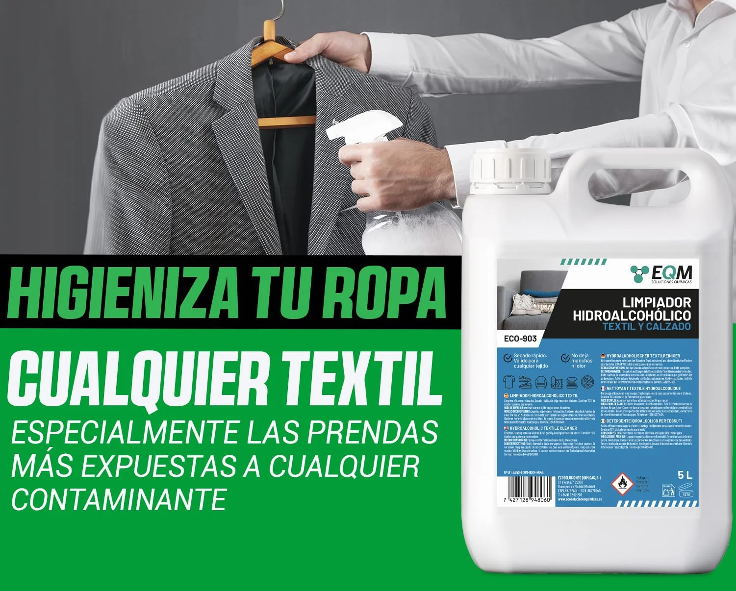 EQM ECO-903 Higienizante Textil Directa 5L Ropa Calzado Secado Rápido Acción Inmediata