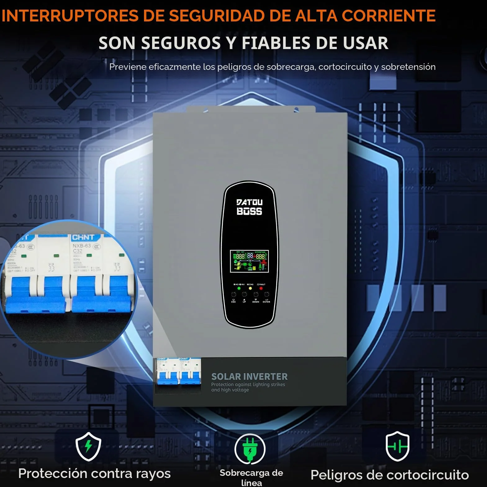 DATOUBOSS Inversor de corriente solar híbrido de 6200 W, 48 V CC a 230 V CA, inversor de onda sinusoica pura con MPPT de 120 A, entrada fotovoltaica de 8500 W, compatible con baterías de litio de 48 V