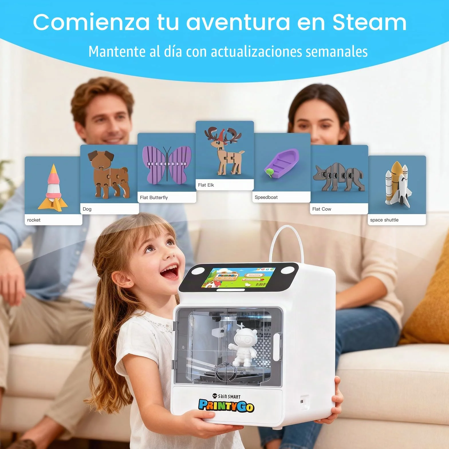 SainSmart Impresora 3D PrintyGo Mini para niños, 600 mm/s, autonivelación, Ideal para Principiantes, diseño Seguro para niños, Control por Wi-Fi/App, preensamblada para Aprendizaje Stem
