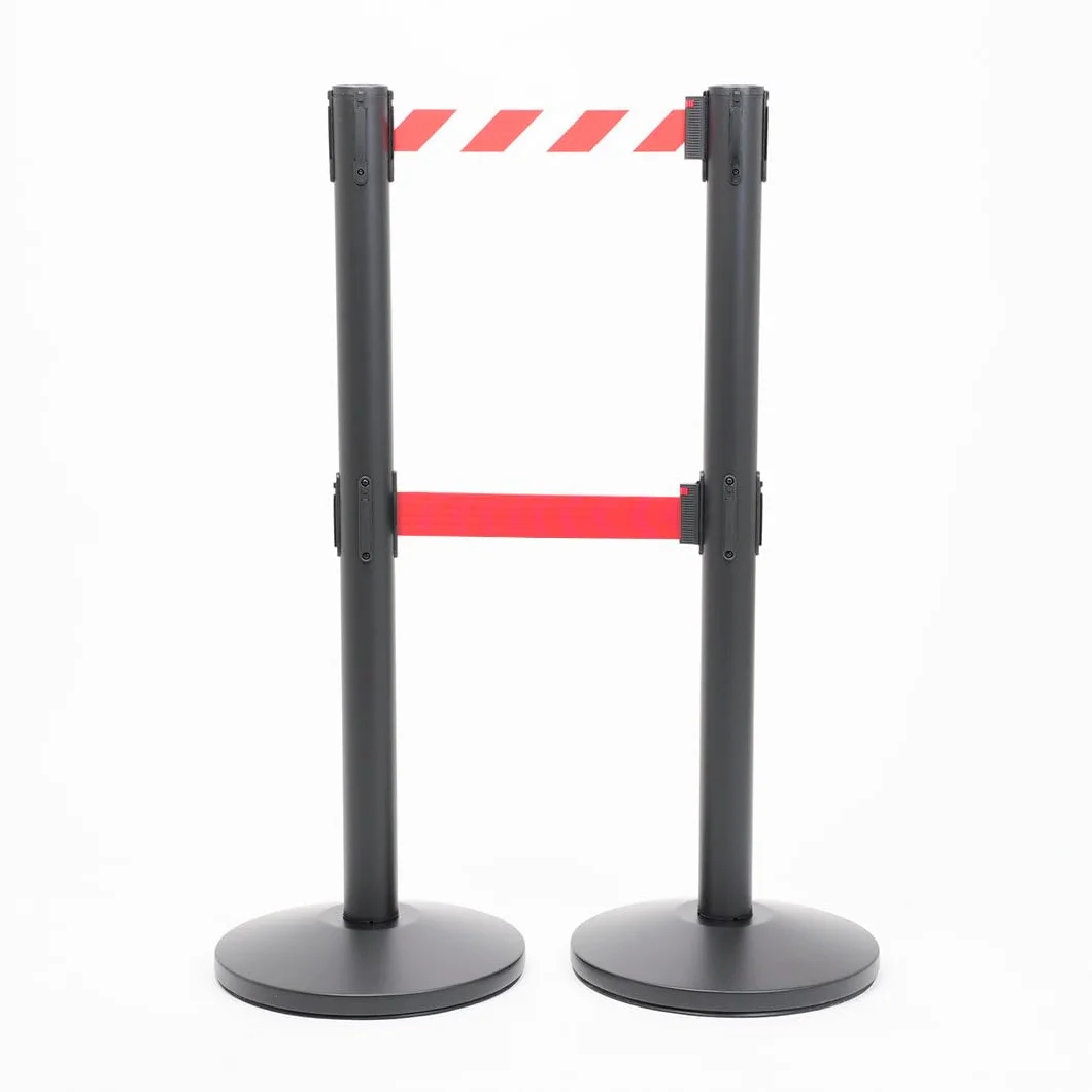 Danieli Store | Poste separador negro mate con dos cintas retráctiles de 3 metros | Poste delimitador con sistema de seguridad | Cintas (Blanco/Rojo y Rojo)