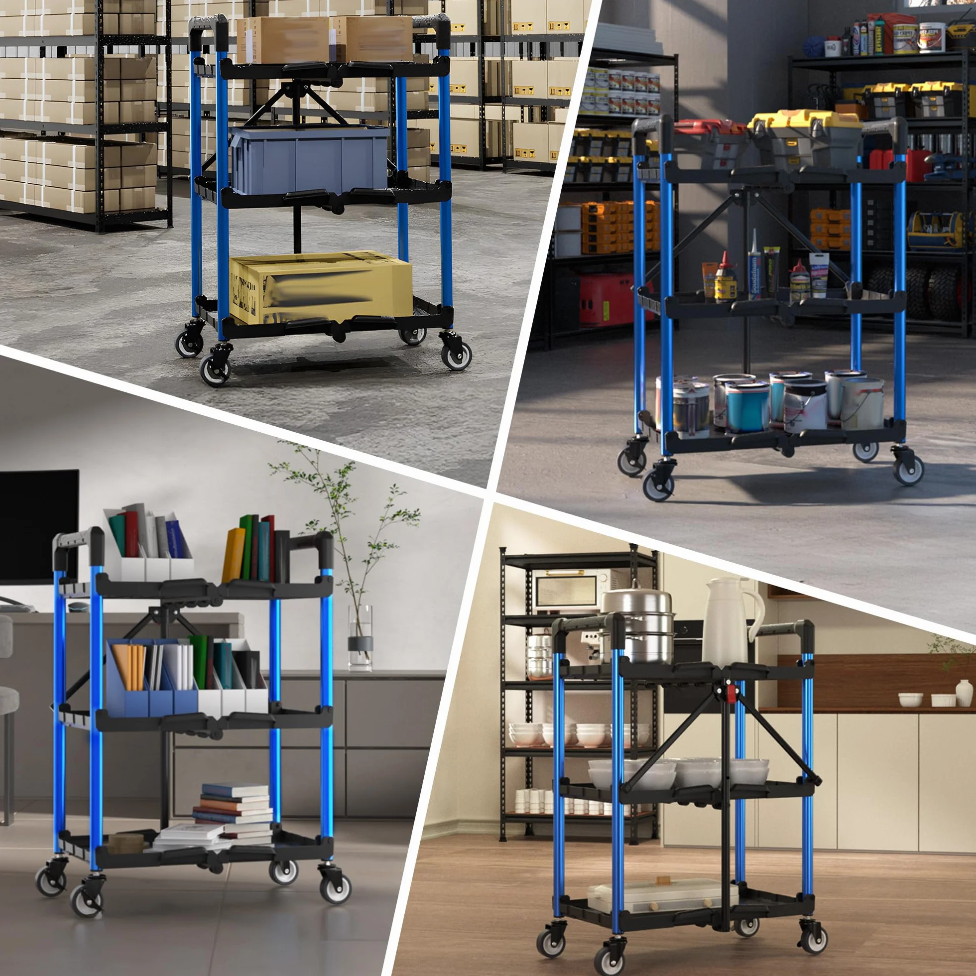 WORKPRO Carro de Servicio Plegable 3 Niveles, Capacidad de 96 kg, Carro Portátil para Herramientas, Ideal para Garaje, Almacén, Hogar, Restaurante, Oficina (Sin Montaje)