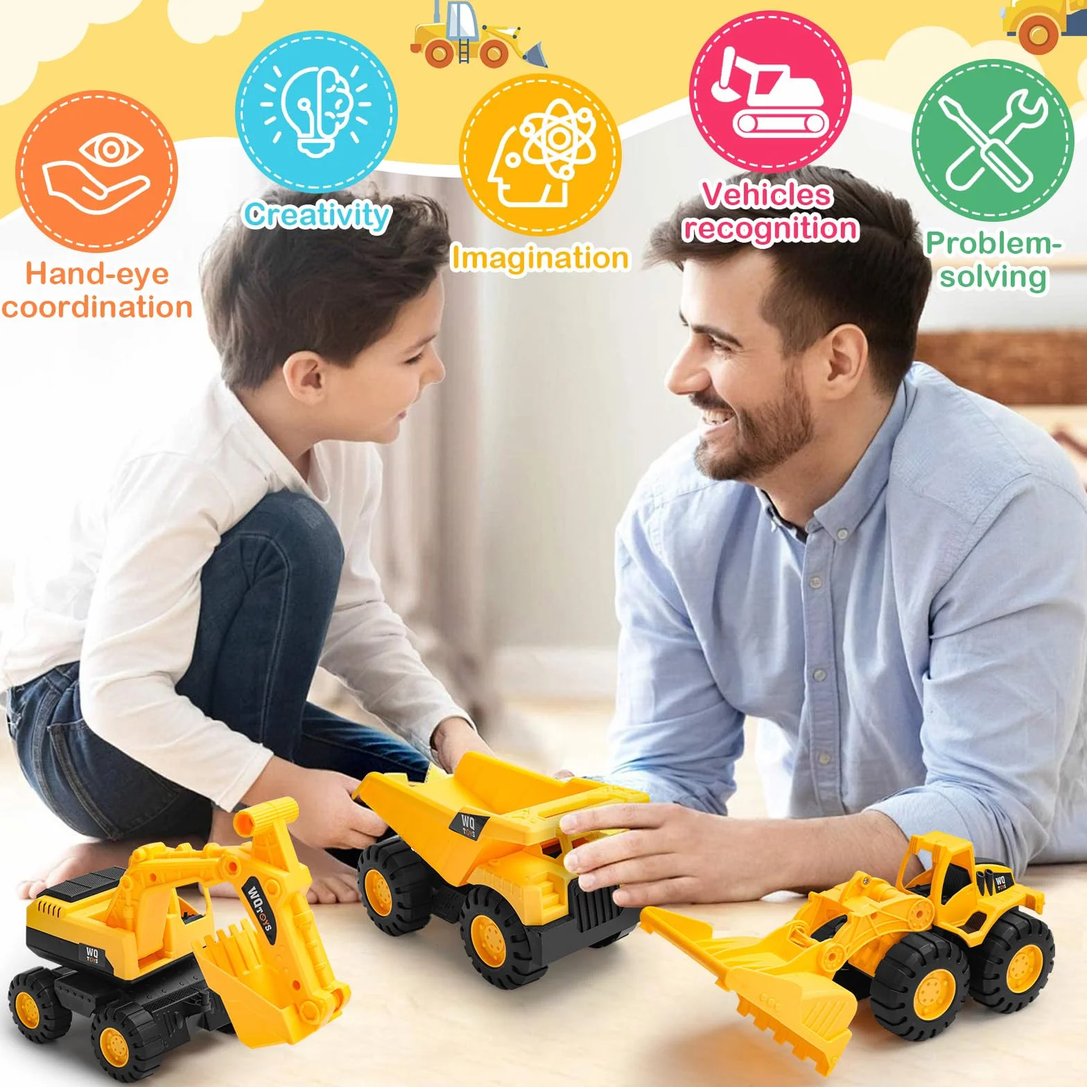 Set de 3 Camiones de Construcción de Juguete Excavadora Volquete Pala Cargadora Educativo Sensorial 3-5 Años