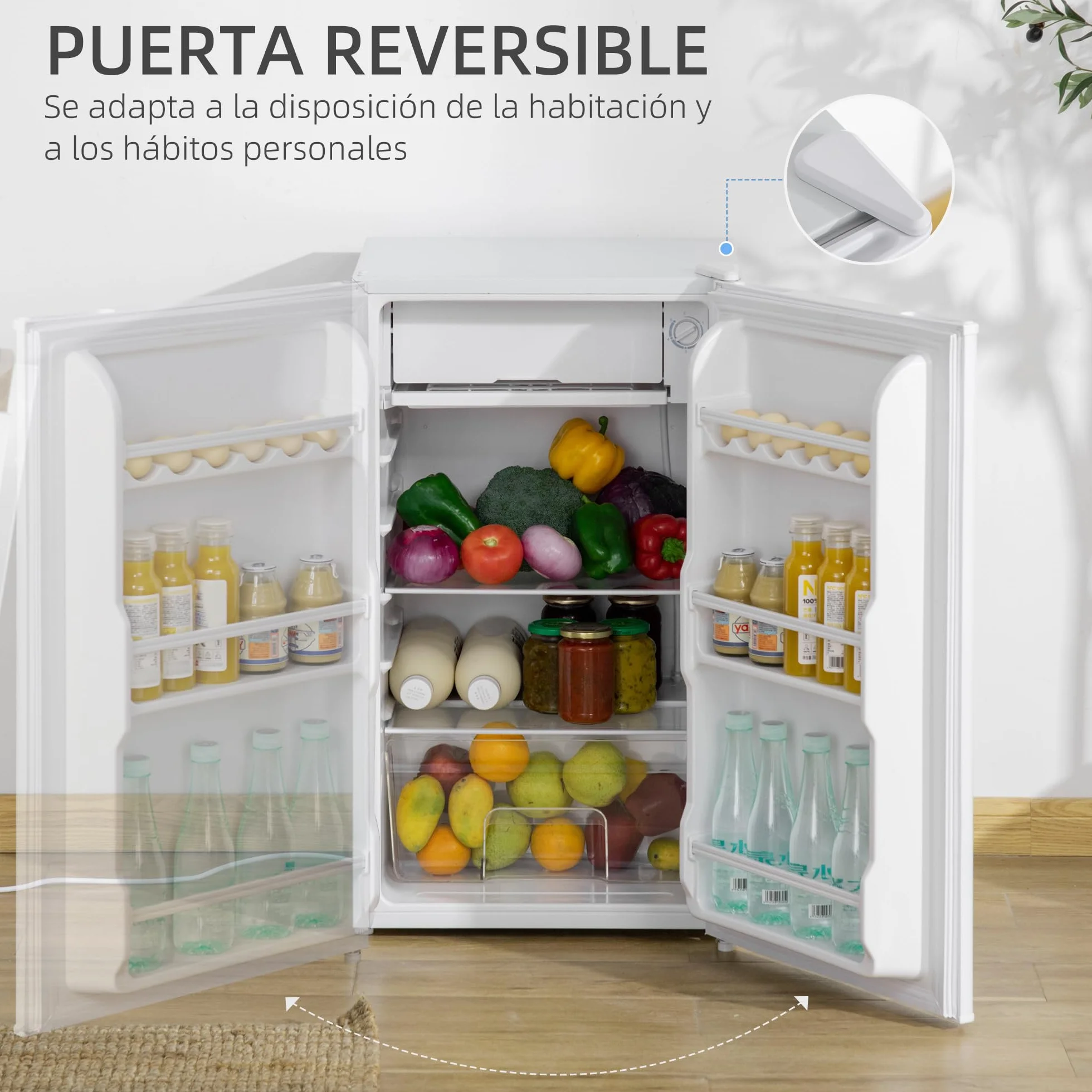 HOMCOM Nevera Pequeña 91 L Mini Frigorífico Silencioso Bajo Encimera Temperatura Regulable 5 Niveles Puerta Reversible Estantes Ajustables Blanco