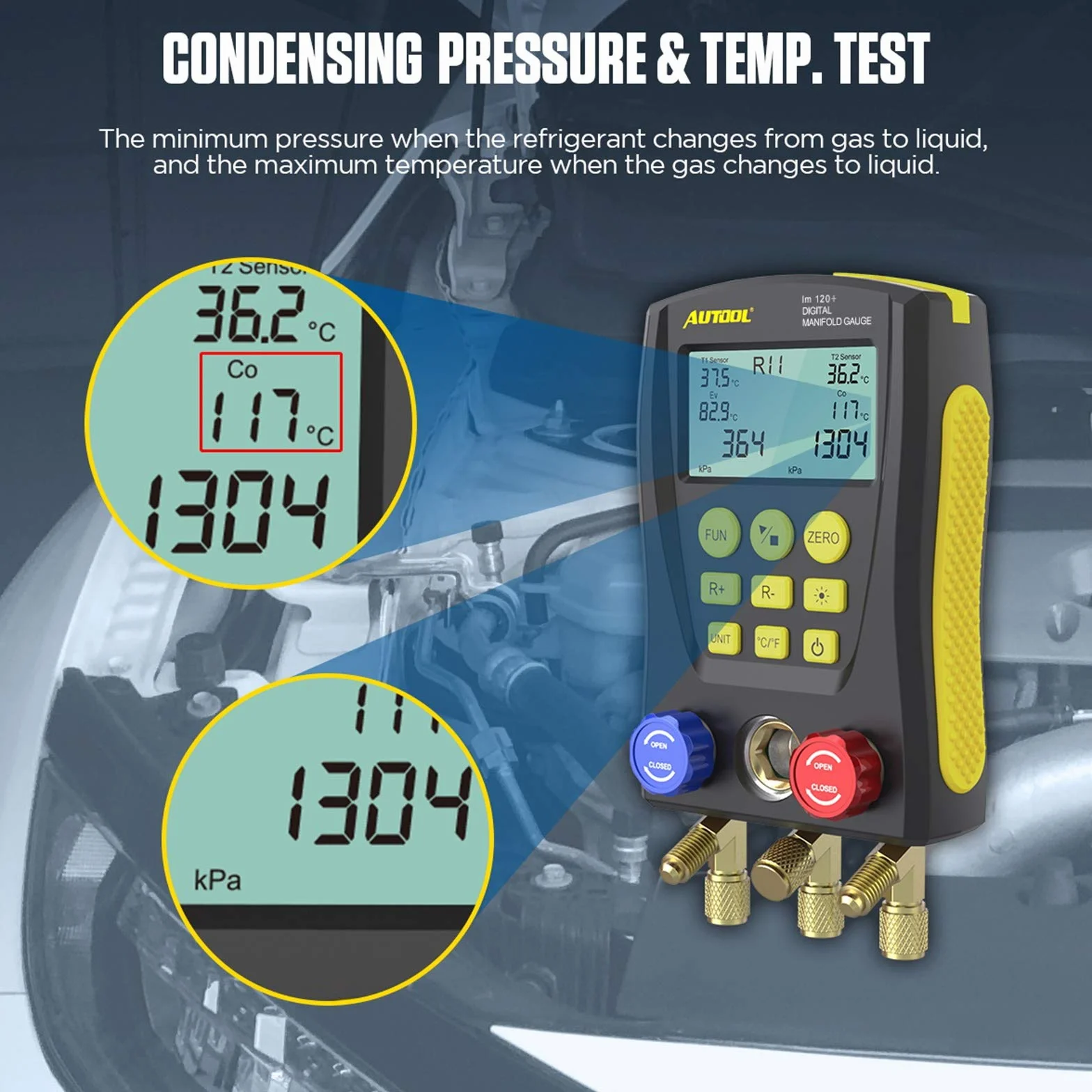 AUTOOL Medidor de presión de refrigeración digital, sistema HVAC Medidor de refrigeración Aire acondicionado Refrigerador Presión de vacío Probador de fugas de temperatura