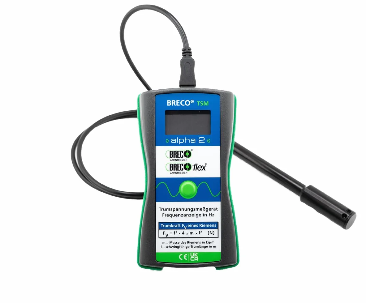 Breco® Trum TSM ALPHA 2 - Medidor de tensión de correa (rango de medición de 5 a 500 Hz, pantalla LCD de 3 dígitos, sensor externo de 15,5 mm y 125 mm de longitud, cable de conexión con mini USB