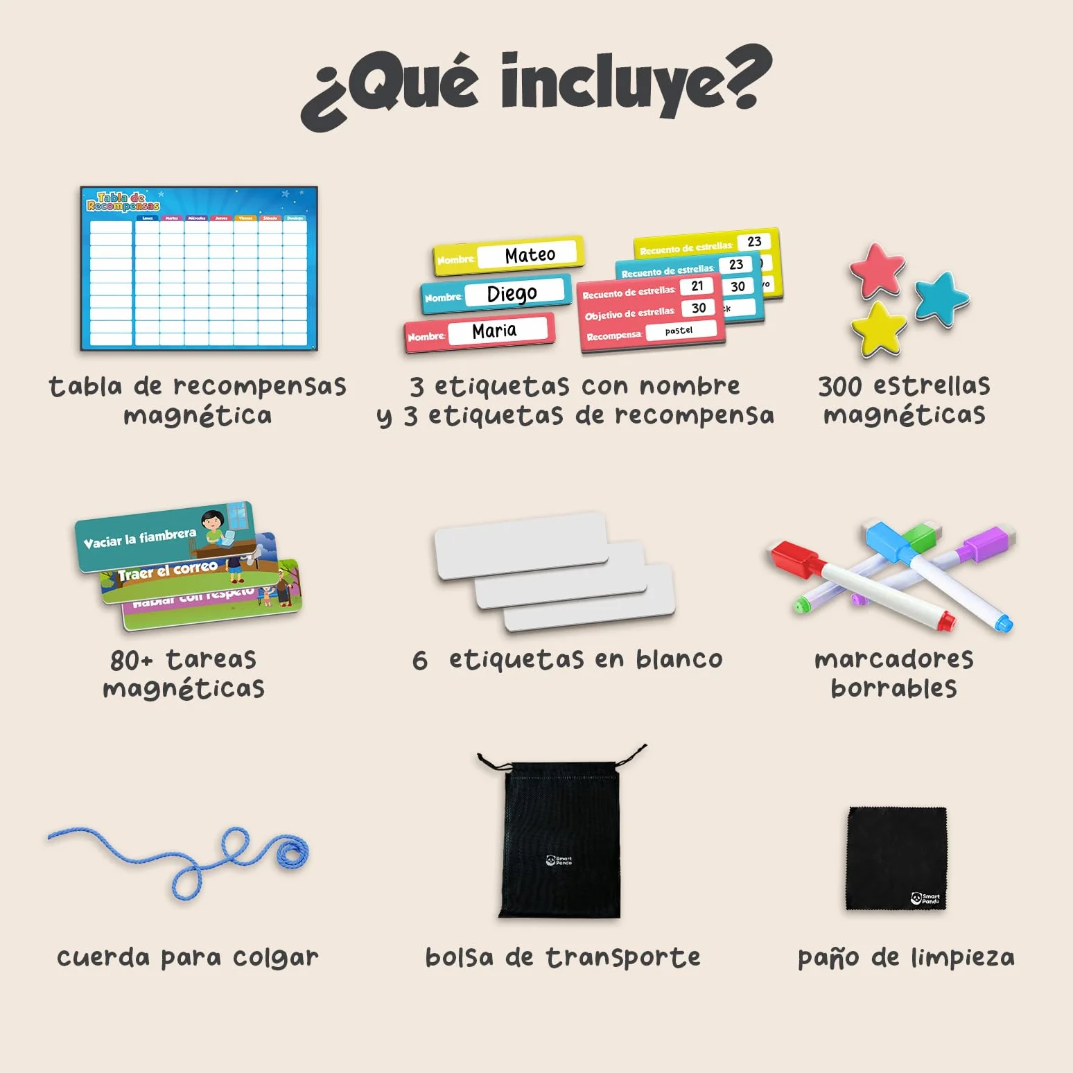 Smart Panda Tabla de Recompensas para Niños – 80+ Actividades + 380 Imanes – Sistema Montessori – Planificador Magnético 3-8 Años – Español