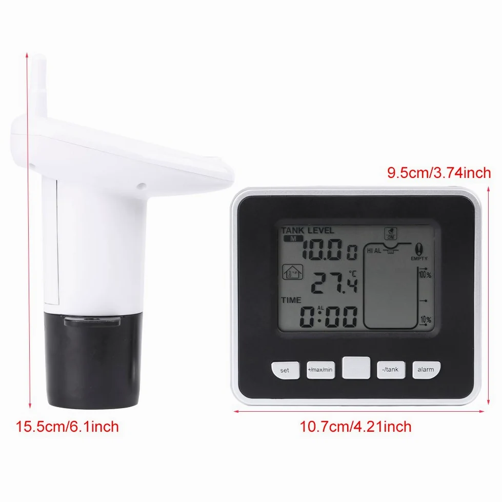 Transmisor del Sensor de Nivel de Agua, Tanque de Agua Conjunto de sensores de temperatura del Agua con Unidad de Transmisor de Pantalla LCD con Sensor Ultrasónico y Sensor Térmico