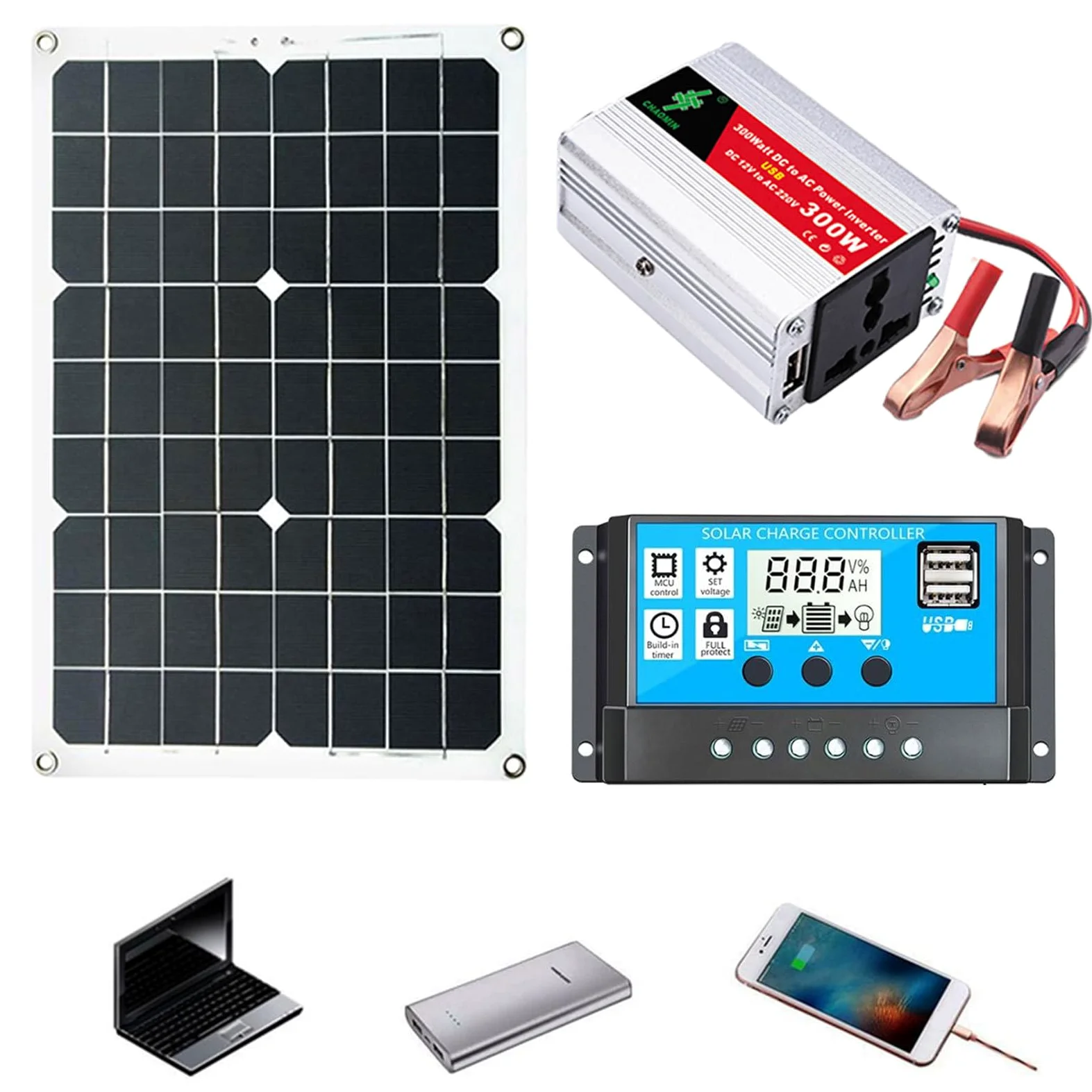 Conjunto de paneles solares,Generador solar de 300 W con enchufes 220 V AC | Controlador de carga solar de 30 A, cargador inversor de onda sinusoidal pura, autocaravana, remolque, autocaravana, marina
