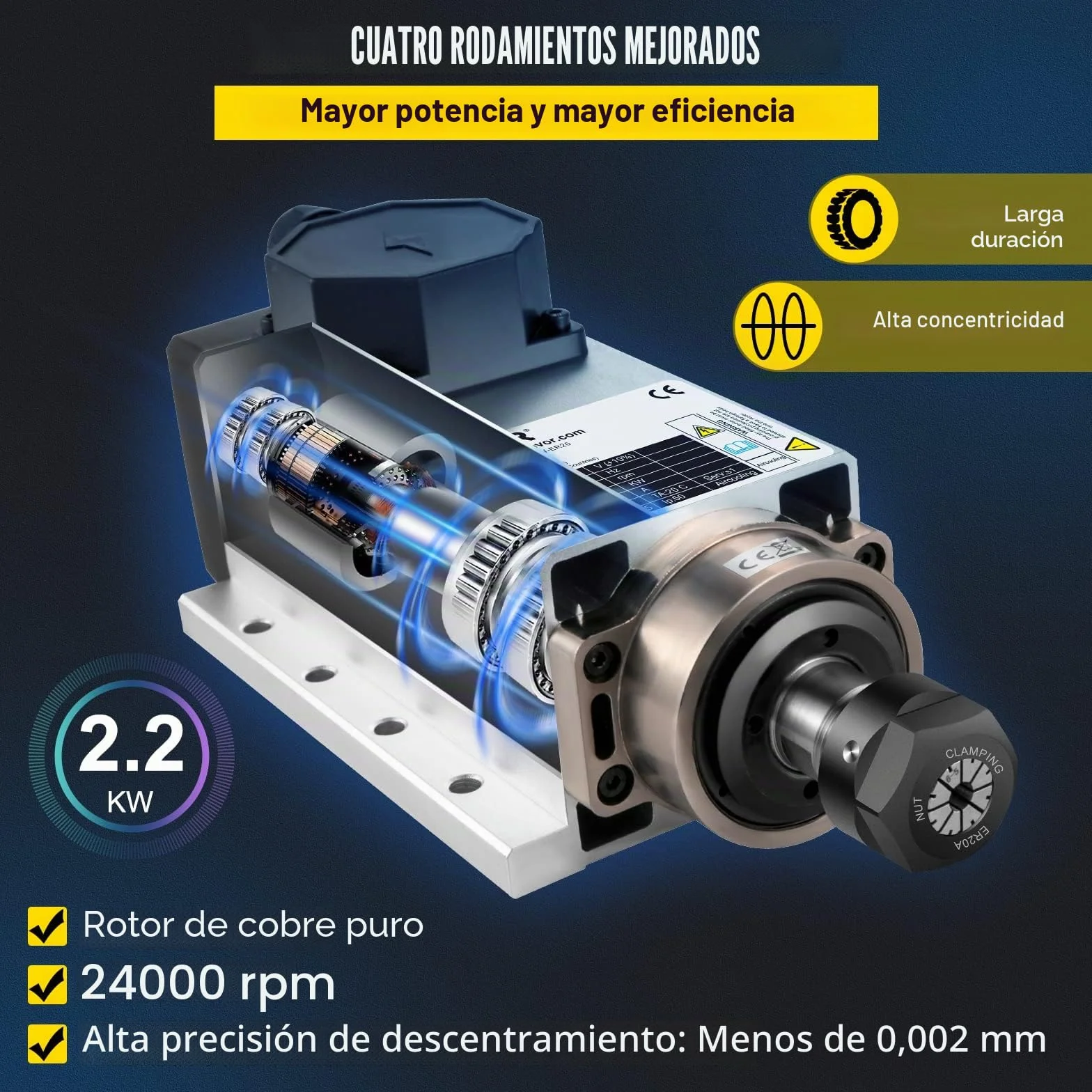 VEVOR Motor de Husillo Refrigerado 2,2 kW 24000 rpm Motor Refrigerado por Aire ER20 Motor de Husillo Cuadrado Refrigerado para Máquinas de Grabado o Variador de Frecuencia y Materiales de Aplicación