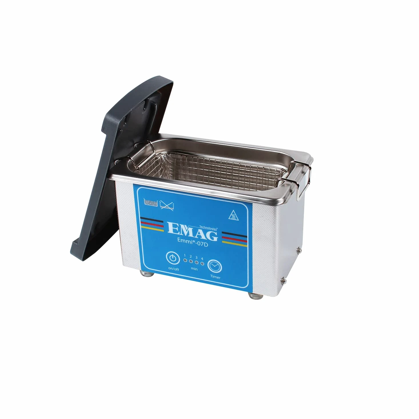 Limpiador ultrasónico EMAG Emmi 07D de acero inoxidable, dispositivo de limpieza para gafas, también joyas y relojes + temporizador, dispositivo de limpieza por ultrasonidos de Alemania, 500 ml