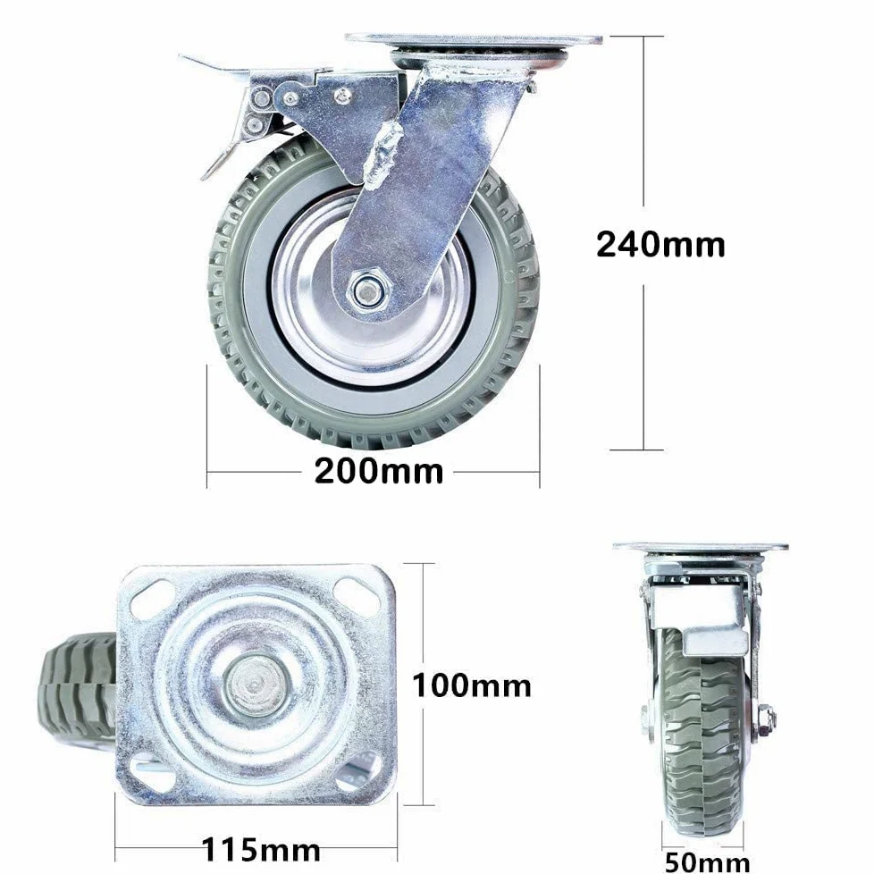 Lesolar Paquete de 4 ruedas industriales de goma maciza de 200 mm, ruedas giratorias de 360 grados, capacidad de carga de 1400 kg, 2 giratorias (sin freno) + 2 giratorias con freno