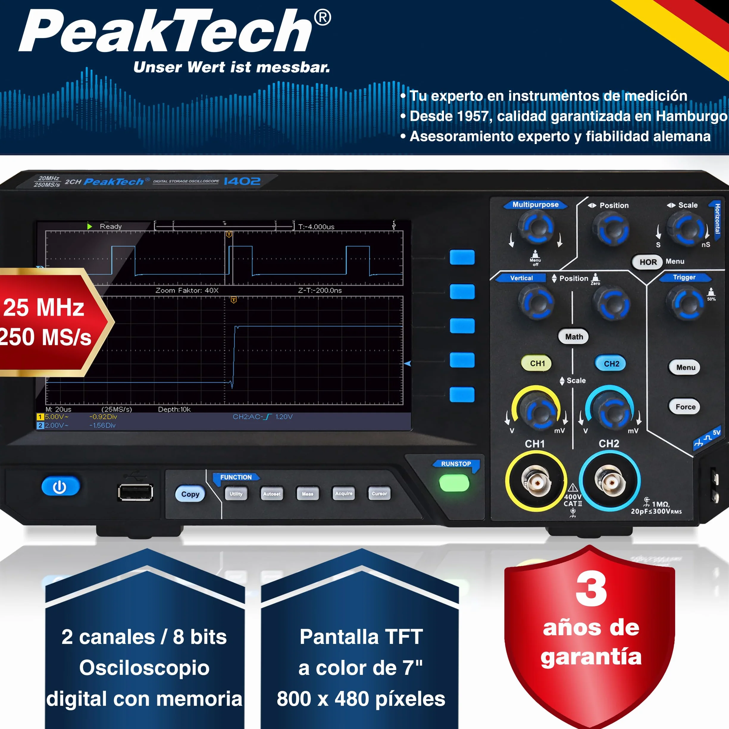 PeakTech, 1402, Osciloscopio digital de 2 canales [3 años de garantía] 20 MHz, 250MS/s, Interfaz USB, Software para PC, Osciloscopio P 1402, Negro, Osciloscopio USB, Multímetro osciloscopio