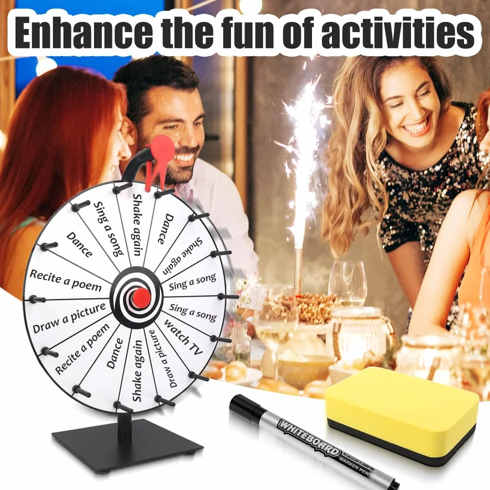 Rueda de la Fortuna 30 cm con 14 Ranuras, Juego de Ruleta Giratoria con Borrador y Rotulador para Carnaval