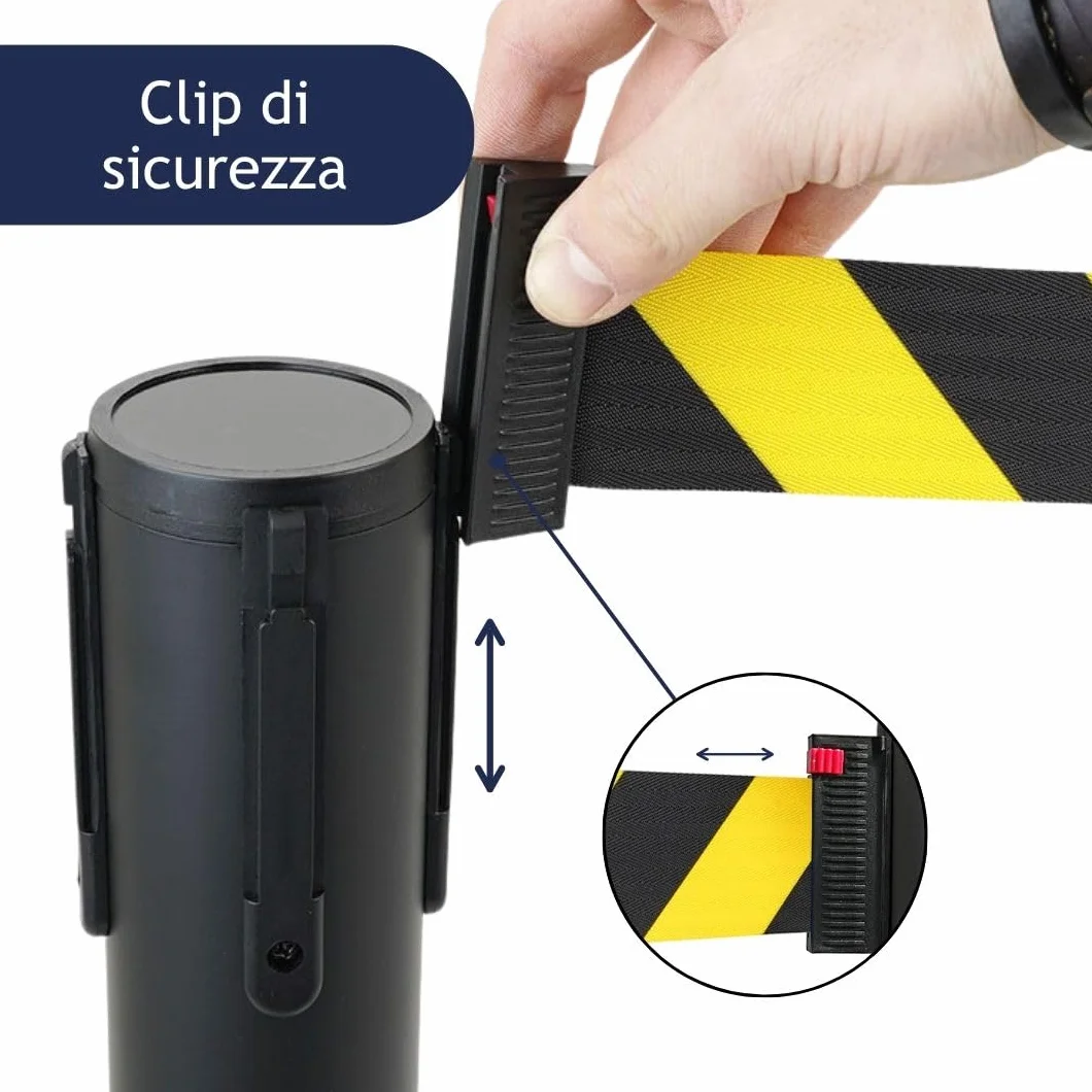 Postes separadores con cinta extensible 3 m, retráctil, seguridad, negro base reforzada, ámbitos diversos amarillo-negro