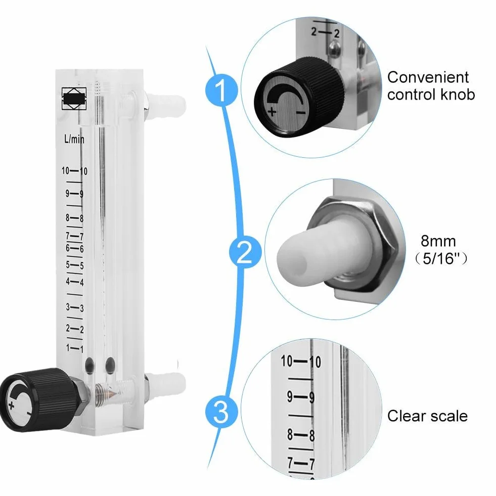Medidor de Flujo de Gas 7-10 Lpm con Válvula de Control para Oxígeno/Aire