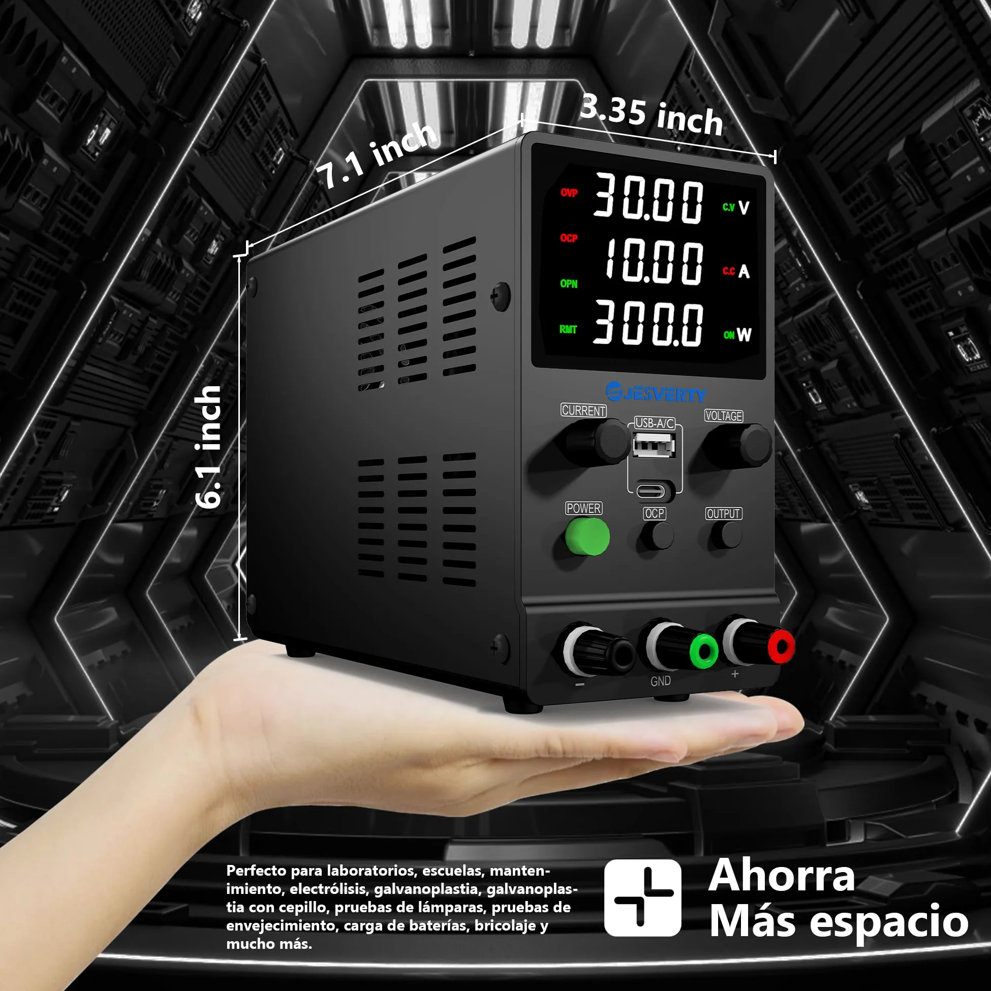 Fuente de alimentación CC Variable, 0-30V 0-10A Fuente de alimentación de Banco regulada CC con Carga rápida USB y Tipo C, Perilla codificadora,Interruptor de Encendido/Apagado de Salida Jesverty