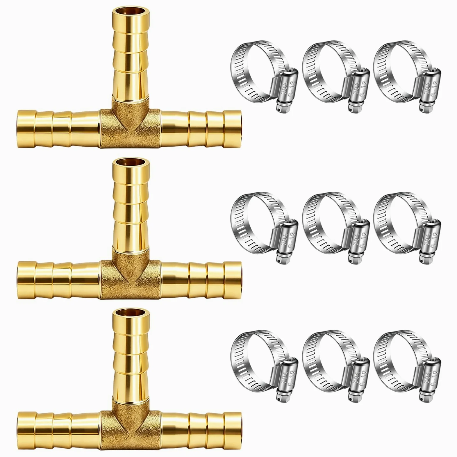 2pcs 5/16 "latón Tee Barb Fitts,3 vías Unión Intersección montaje T forma de púas Splitter montaje empalmador con abrazaderas de manguera para agua combustible aire H-058-5/16