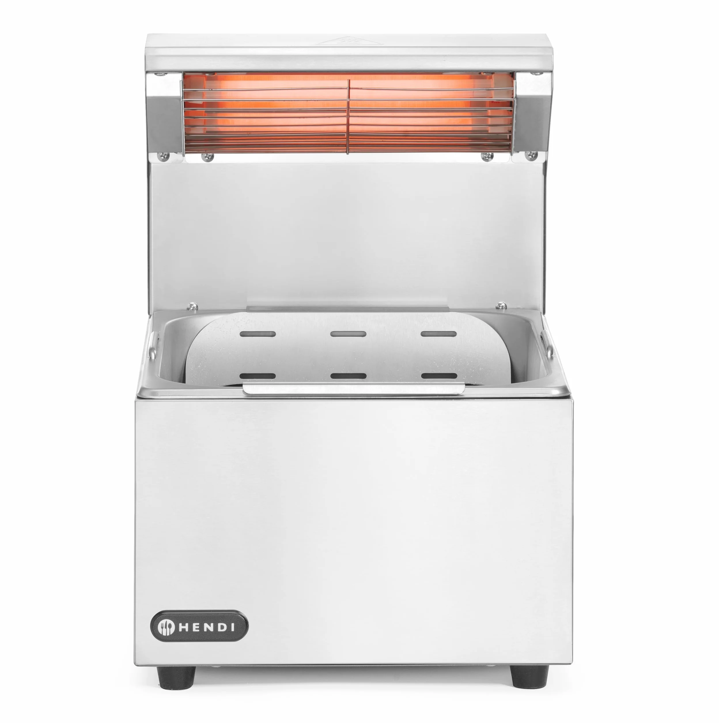 HENDI Calientapatatas fritas eléctrico con lámpara infrarroja, bandeja perforada, cubeta GN 1/2, 220V, 400W, 357x267x376mm, acero inoxidable