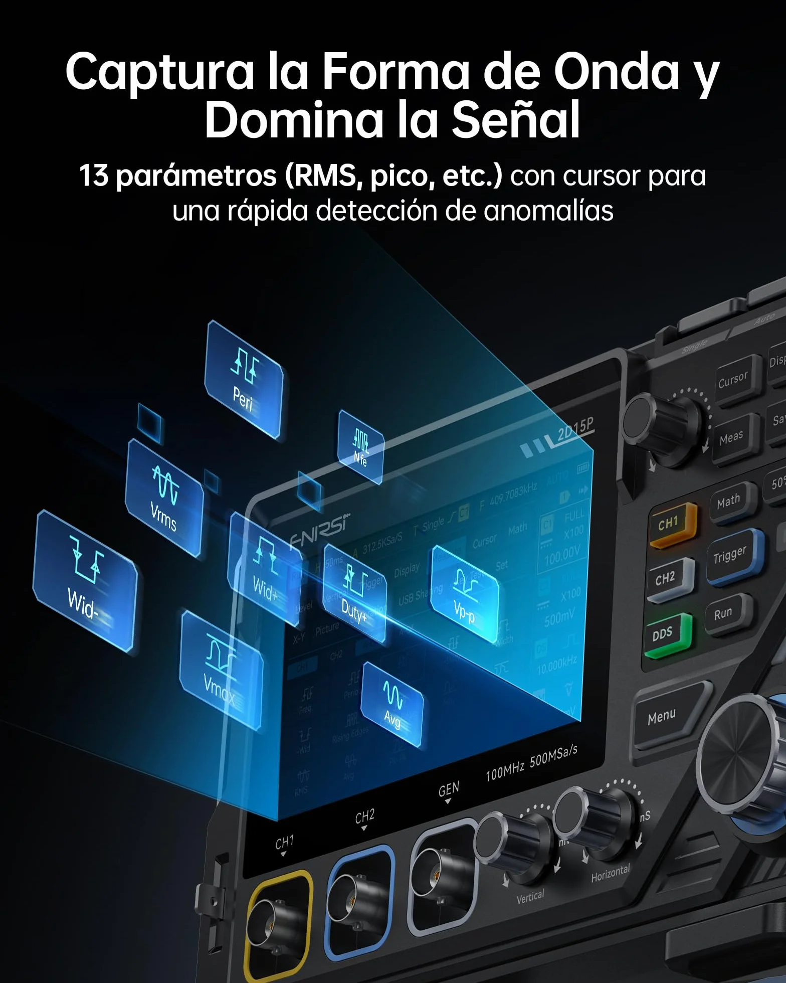 FNIRSI 2D15P Osciloscopio Digital de 100 MHz, Multímetro, Generador de Señales DDS, 3 en 1, 2 Canales, Multímetro Automotriz, 19’999 TRMS, Muestreo de 500MS/s, Pantalla Táctil de 4,3"