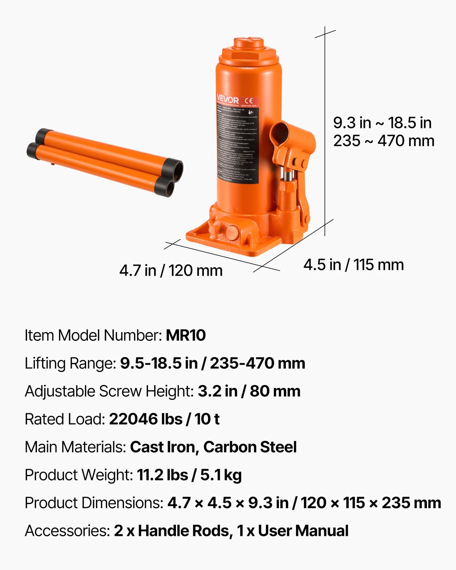 VEVOR Gato Hidráulico de Botella 10 T, Elevación 235-470 mm, Naranja