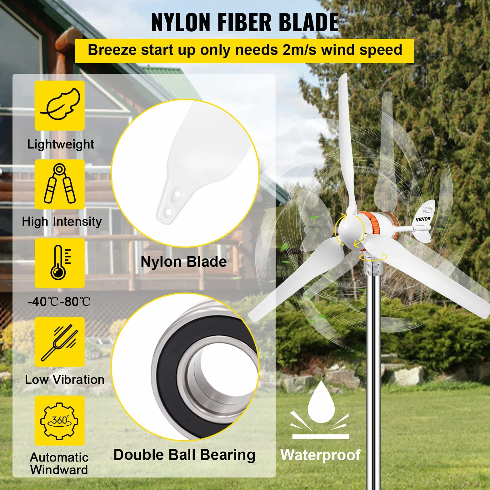 VEVOR Generador de Turbina Eólica 12 V 400 W Aerogenerador Horizontal 3 Cuchillas Velocidad Nominal 13 m/s Kit de Turbina Eólica Resistente y Durable con Controlador de Carga, Chalets, Blanco