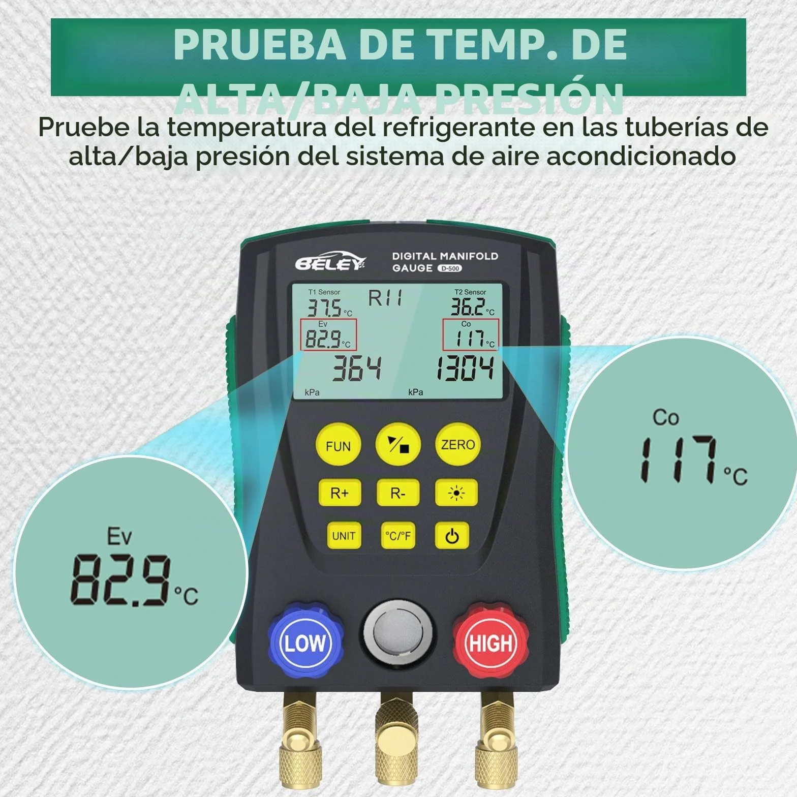 BELEY Juego de manómetros digitales, R32 R410a Kit de indicador digital para sistema de colector, manómetro de sistema HVAC de temperatura para 93 refrigerantes, con 2 abrazaderas de temperatura