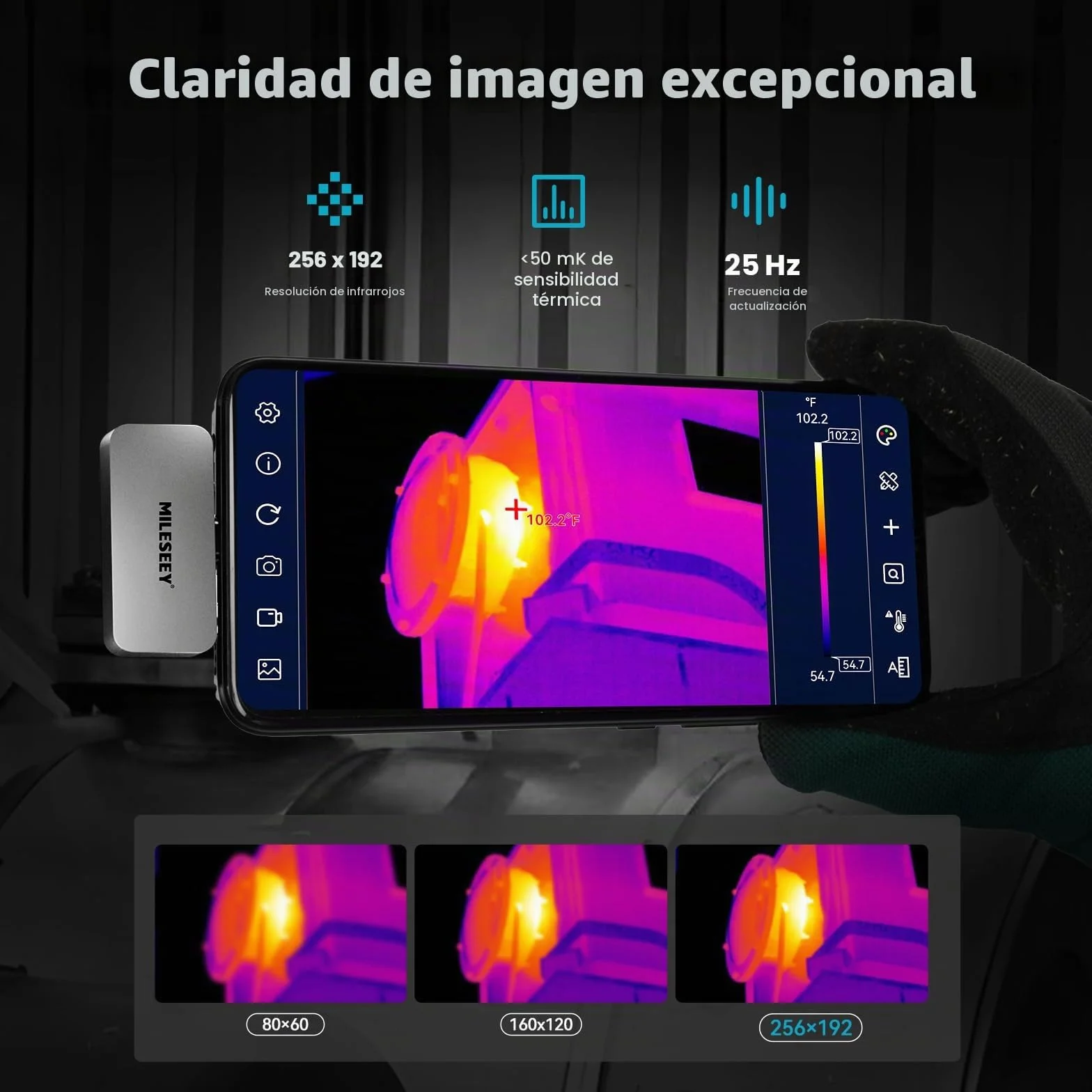 Mileseey TR256i Cámara Térmica para Android Tipo C, Carcasa Metálica de 20G, Rango de Medición de -15°C a 600°C, Resolución De 25 Hz, 256 x 192, 3 Mediciones de Calor y 11 Paletas