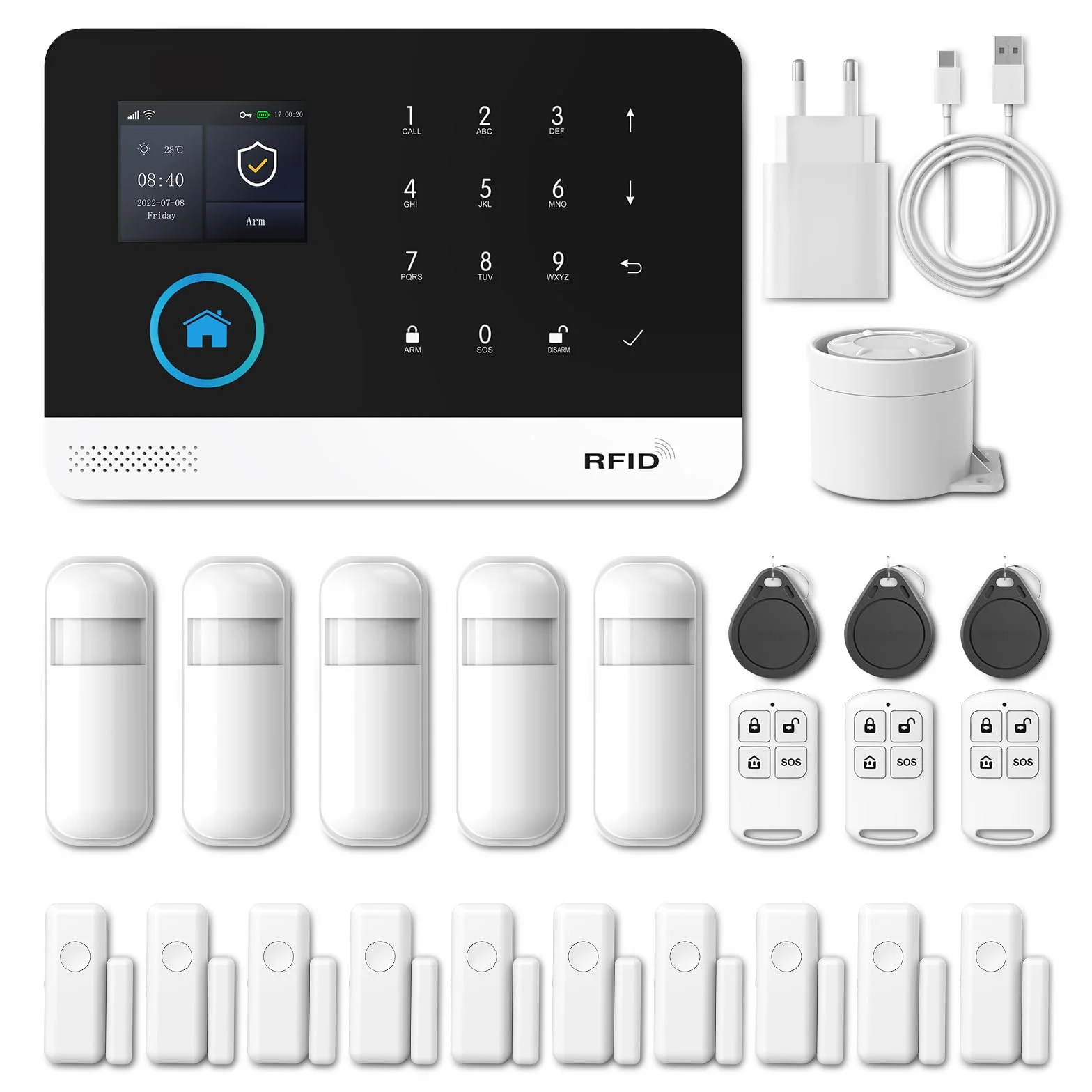 PGST Alarma para casa inalámbrica, PG103 antirrobo, Sistema Completo con Sirena de Alarma, Sensor de Puerta y de Movimiento Compatible(PG103-2G-C)