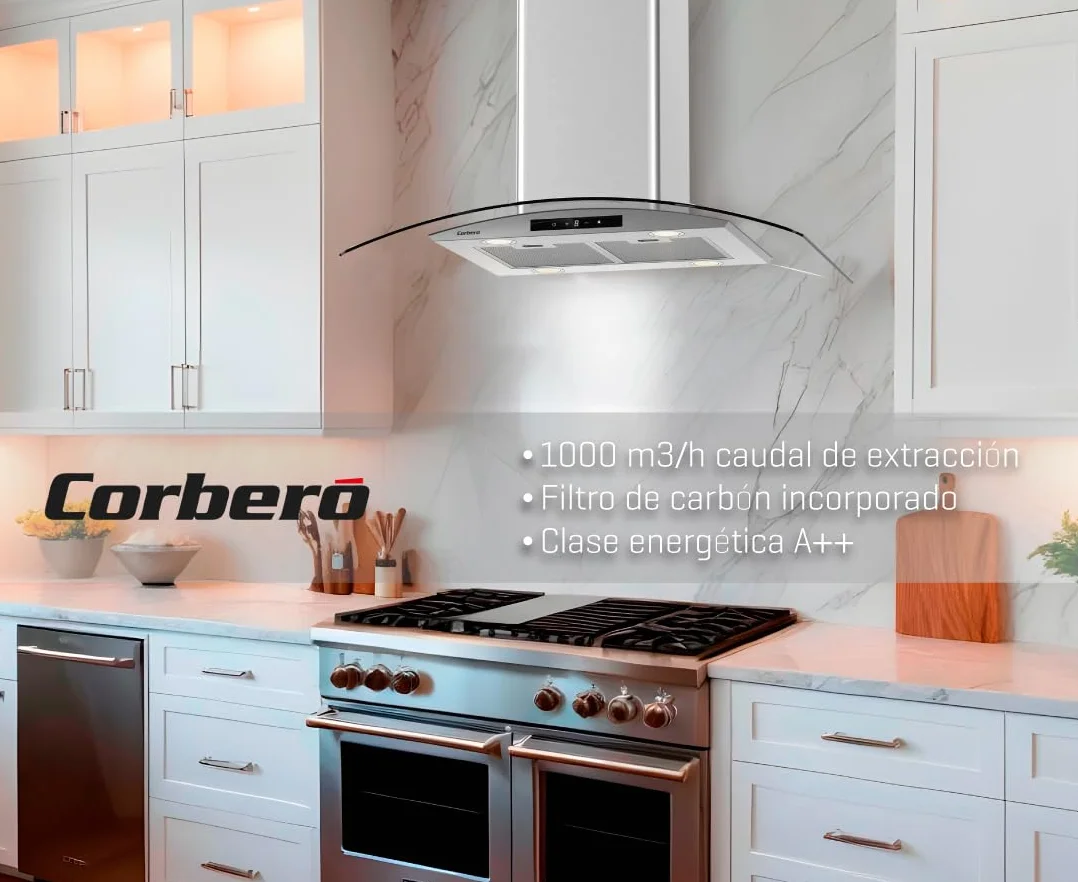Corberó Campana Extractora Isla 90 cm SIROS9100 946m³/h 66db 296W 6 Velocidades Control Touch Inox