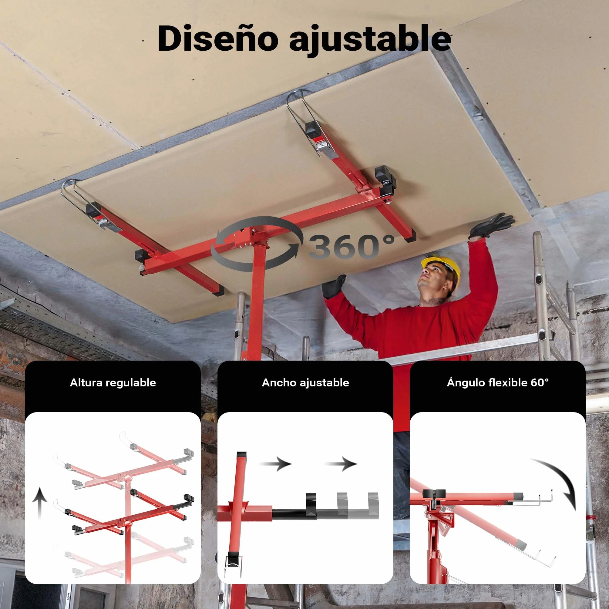 Wiltec Elevador de paneles de yeso XXL hasta máx. 68 kg, altura 140-350 cm, ancho máx. 2,90 m, ayuda de construcción en seco 3 ruedas con freno de posición manejo fácil por 1 persona