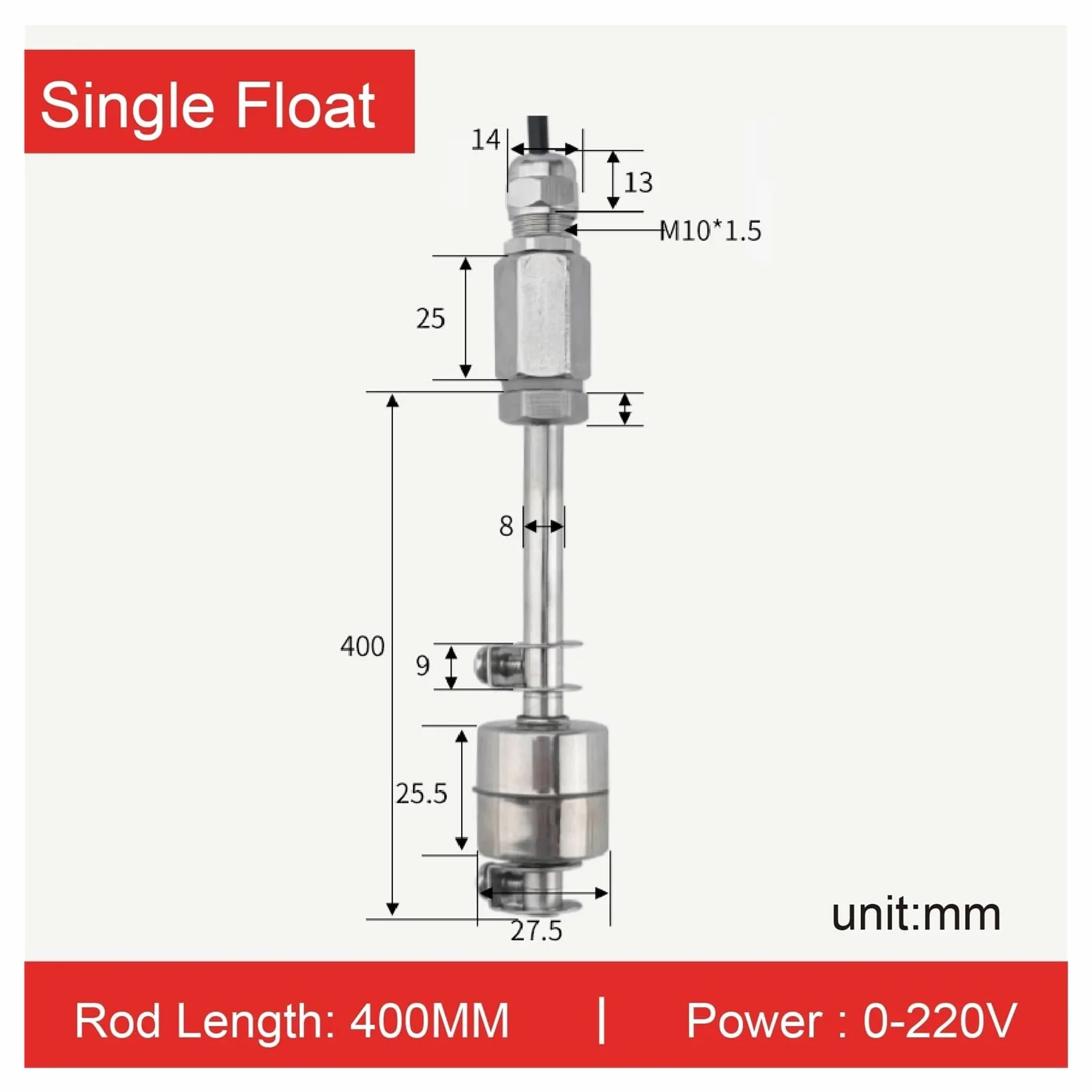 Controlador de líquido del Sensor de nivel de agua del interruptor de flotador ajustable de acero inoxidable 304(Single-ball-400mm)