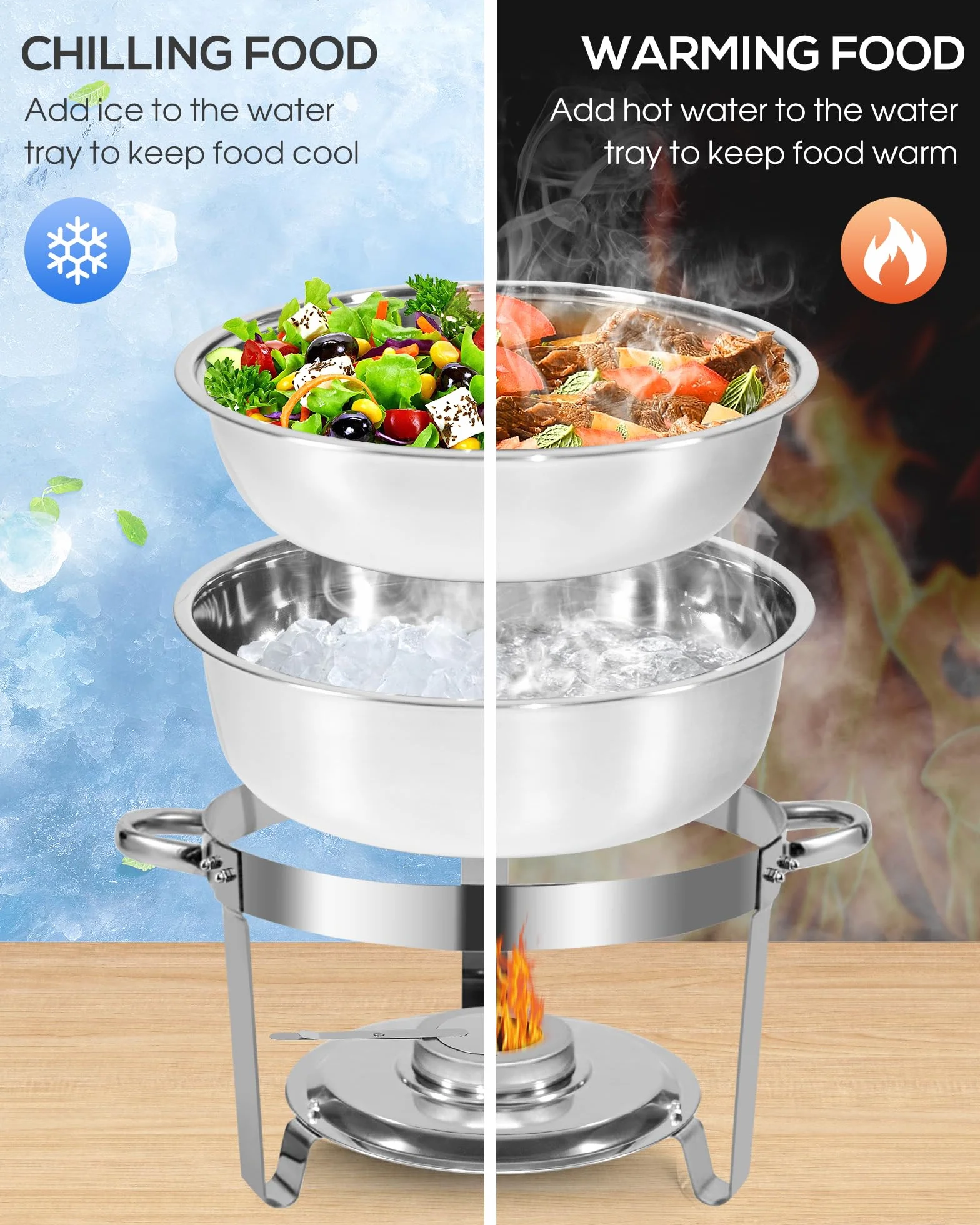 Chafing Dish Buffet Set 5L 2 Fuentes Redondas Acero Inoxidable Grado Alimentario Borde Enrollado Seguro Porta Tapas Acabado Espejo Calentador Alimentos