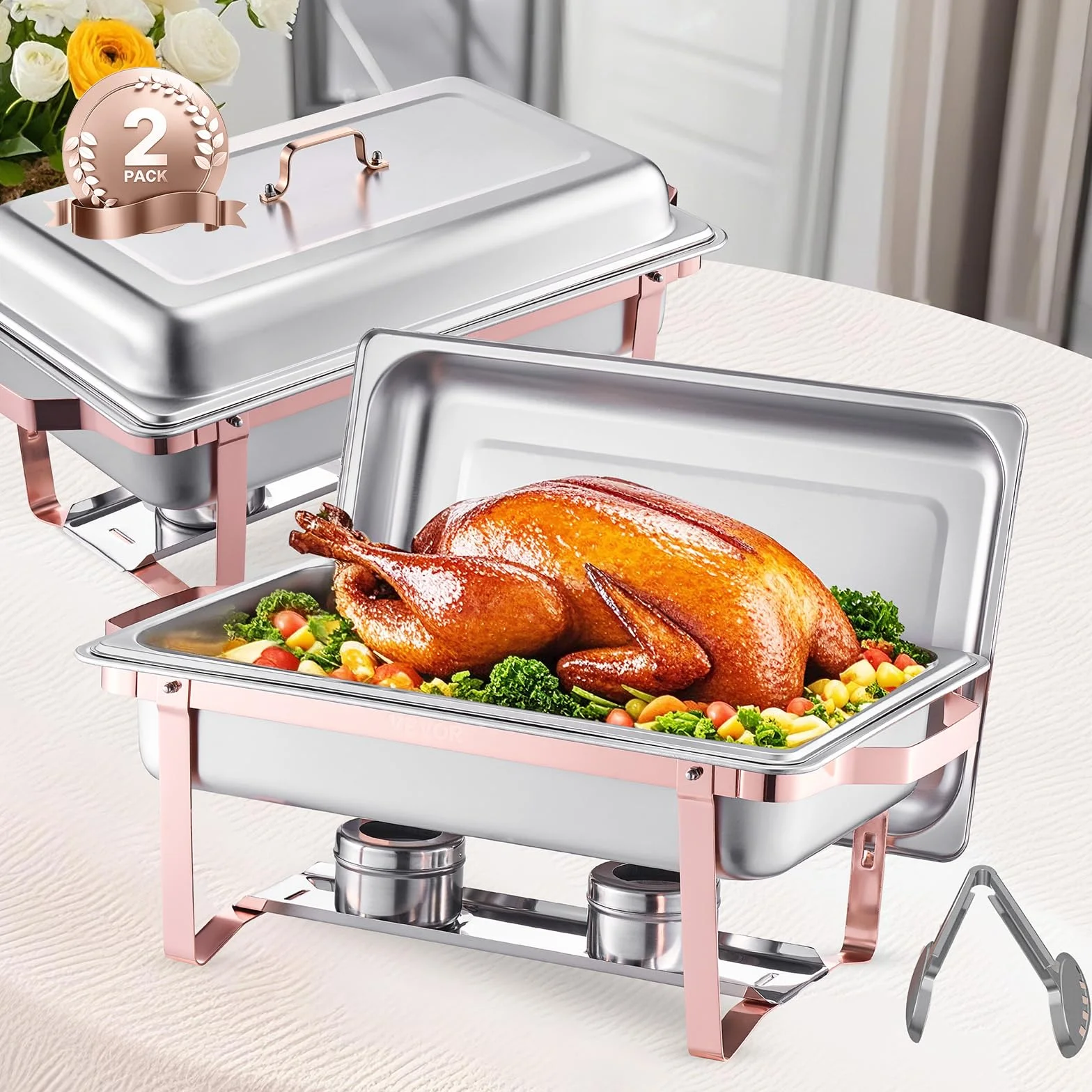 VEVOR Juego de 2 Platos para Calentar Alimentos Acero Inoxidable 7,5 L con Tapa y Soporte, Oro Rosa